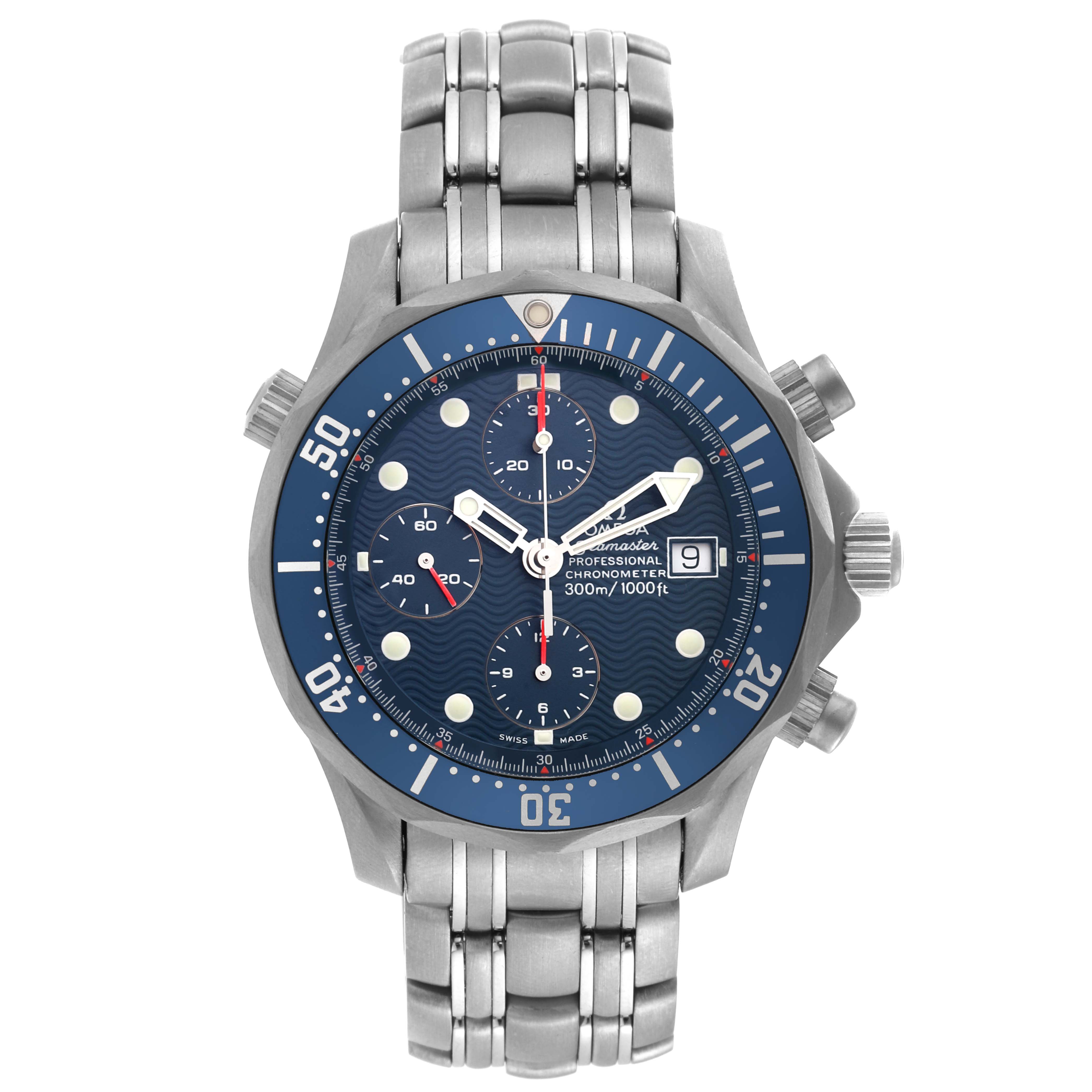 The image shows a frontal view of the Omega Seamaster 2298.80.00 Men's Titanium Blue Dial 2298.80.00 Men's Titanium Blue Dial watch, highlighting its dial, bezel, pushers, crown, and bracelet.