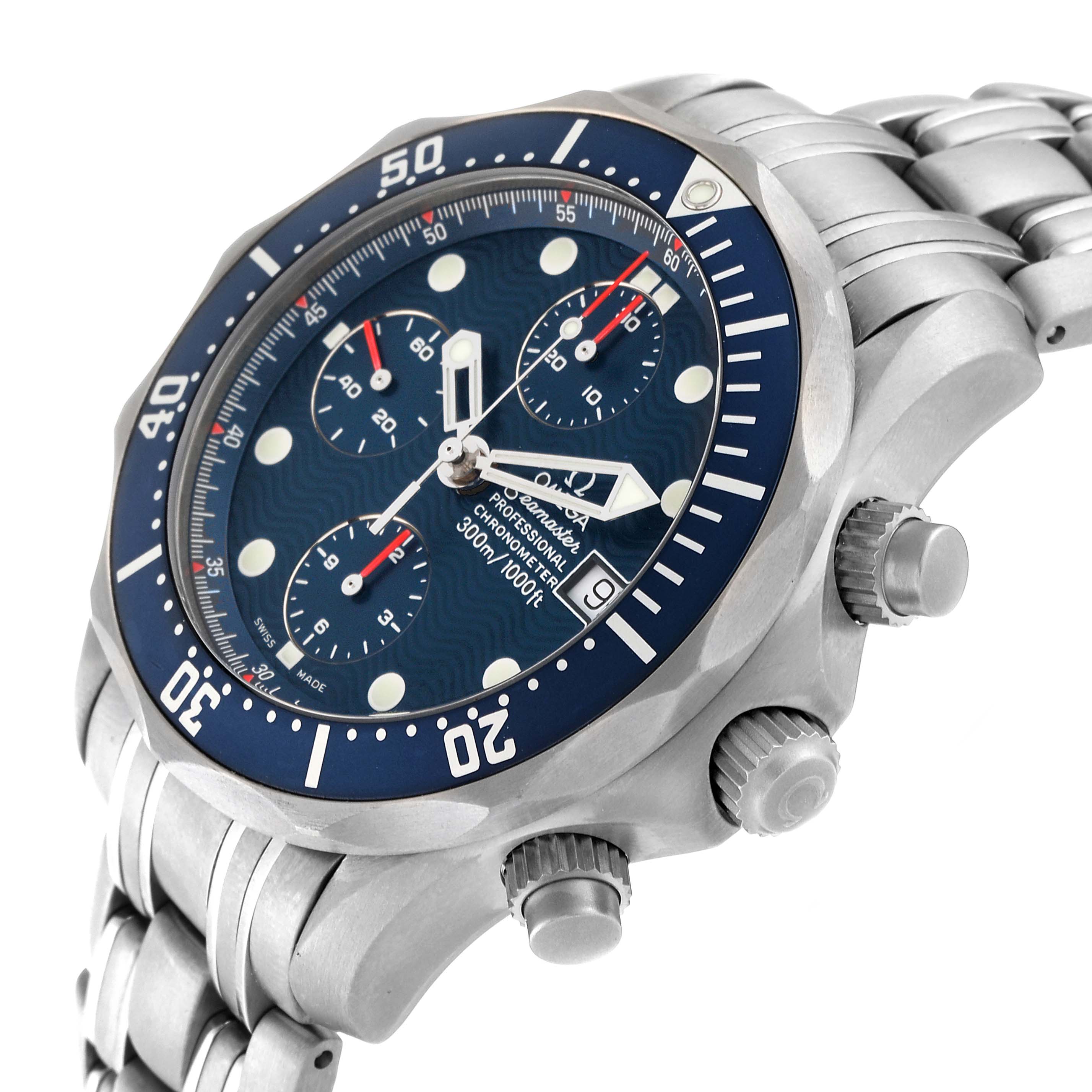 The image shows an Omega Seamaster 2298.80.00 Men's Titanium Blue Dial 2298.80.00 Men's Titanium Blue Dial watch at an angled view, focusing on the bezel, dial, crown, and buttons on the side.