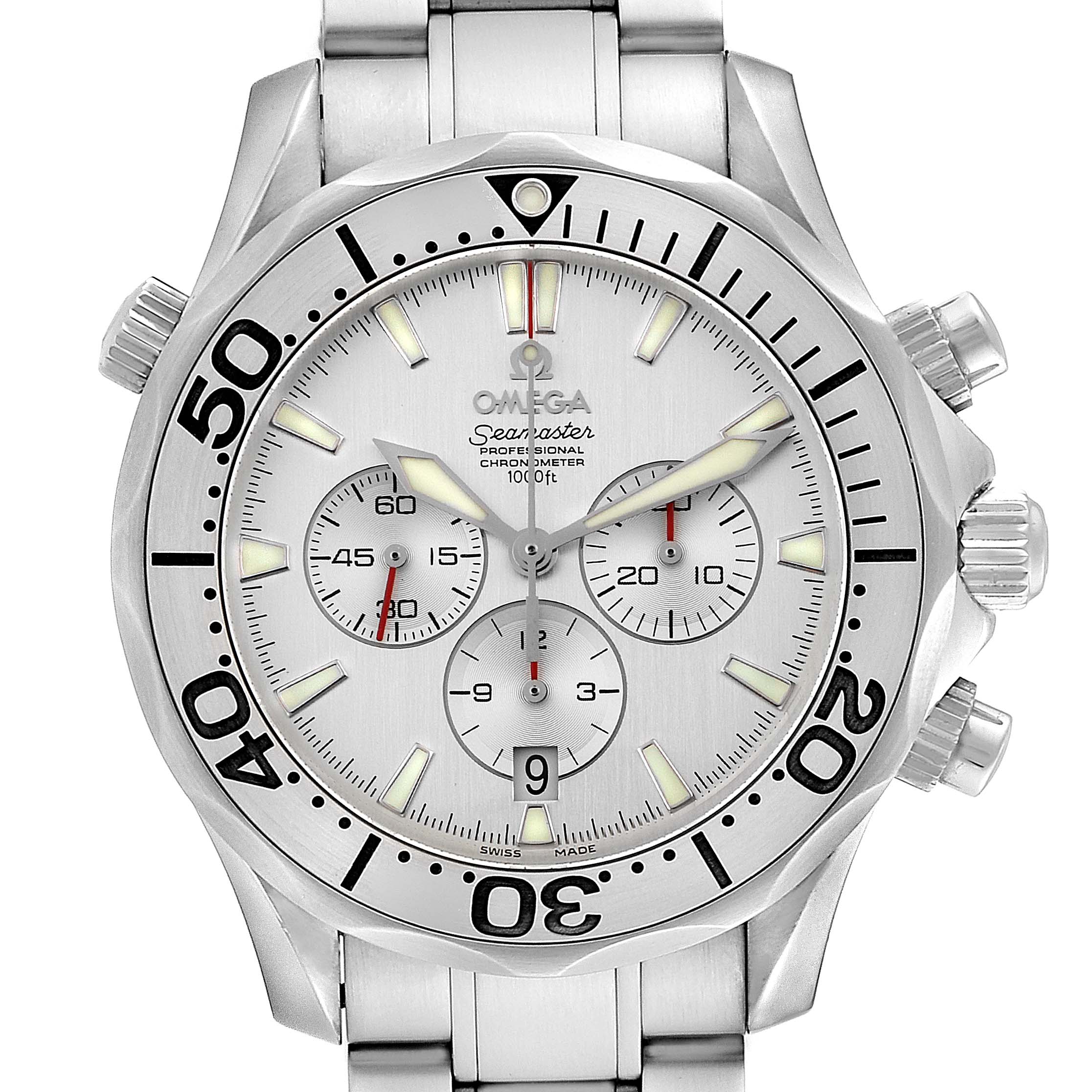 The image shows a frontal view of the Omega Seamaster 2589.30.00 Men's Stainless Steel Silver Dial 2589.30.00 Men's Stainless Steel Silver Dial watch, highlighting its face, dials, crown, and strap.