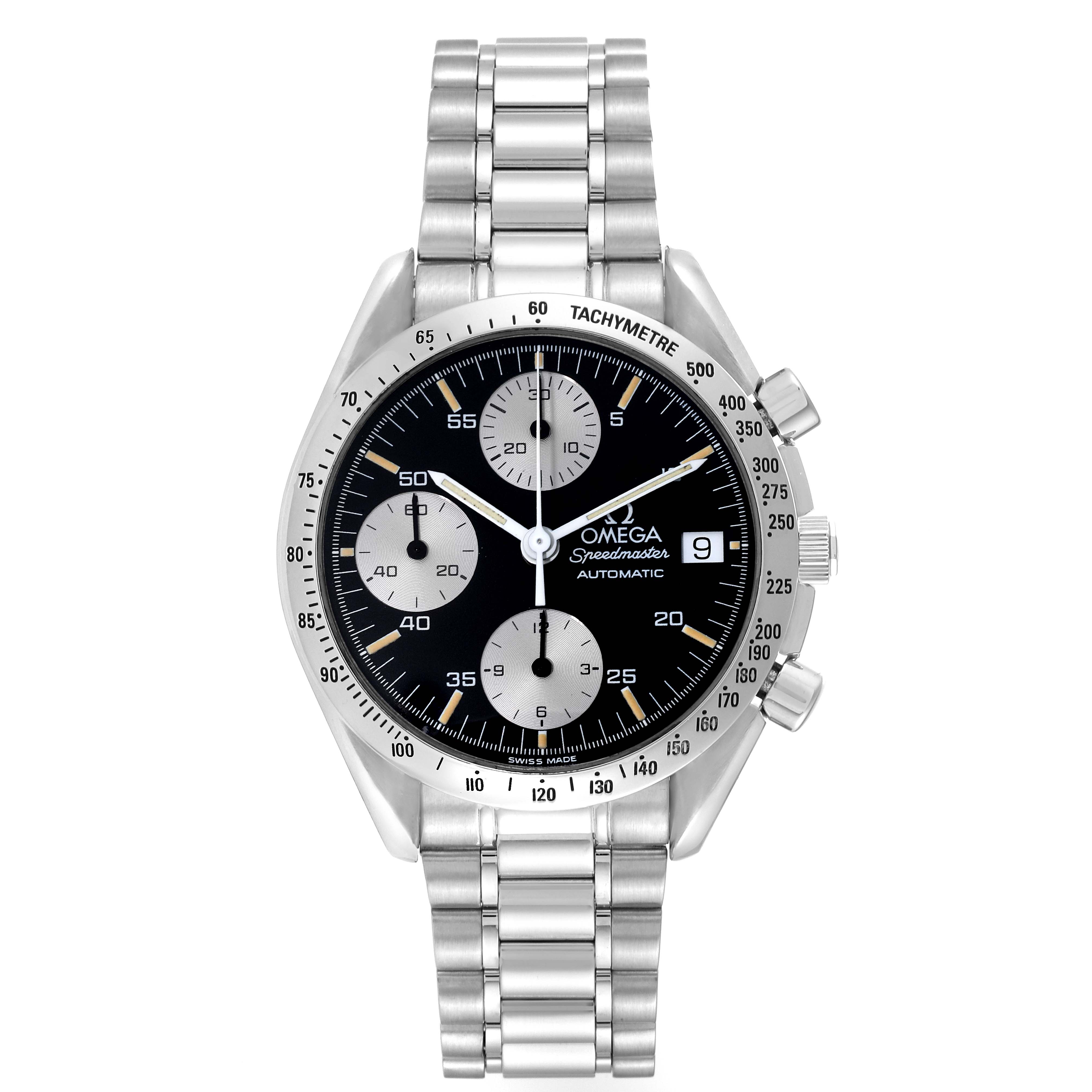 The image shows the front view of an Omega Seamaster 3511.50.00 Men
s Stainless Steel Black Dial 3511.50.00 Men
s Stainless Steel Black Dial watch, highlighting its dial, bezel, bracelet, and chronograph subdials.