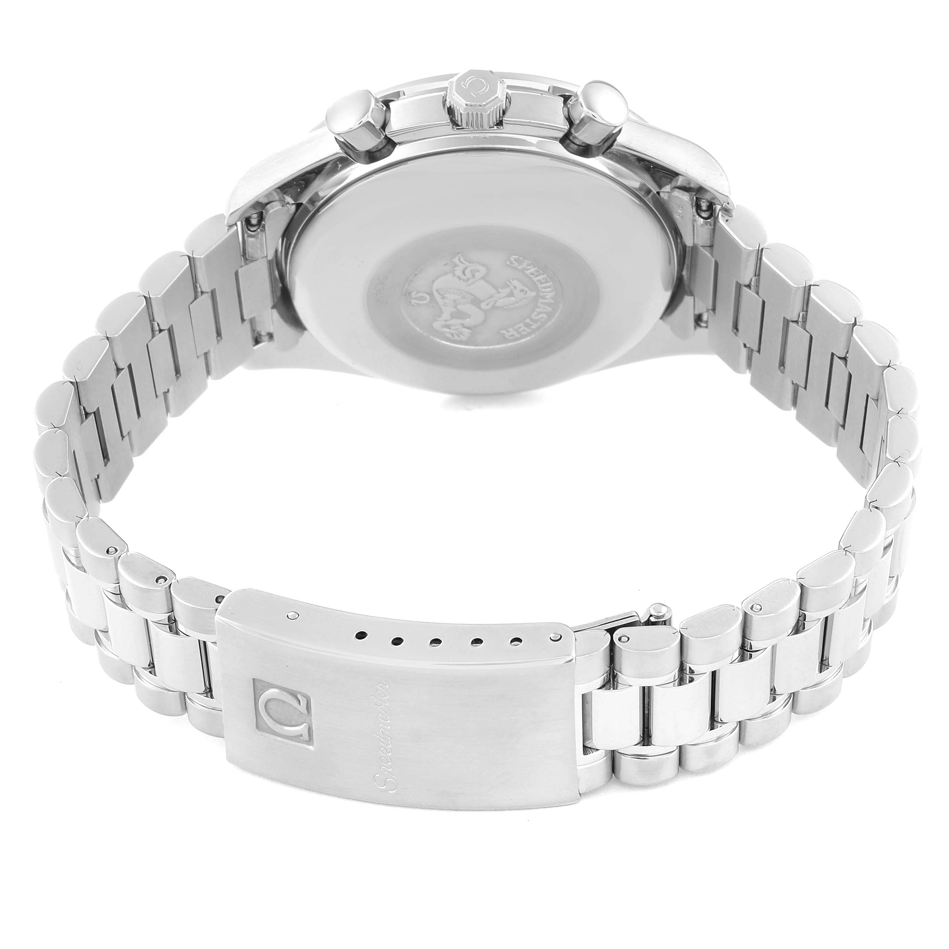 The image shows the back view of an Omega Seamaster 3511.50.00 Men
s Stainless Steel Black Dial 3511.50.00 Men
s Stainless Steel Black Dial watch, highlighting the case back, bracelet, and clasp.