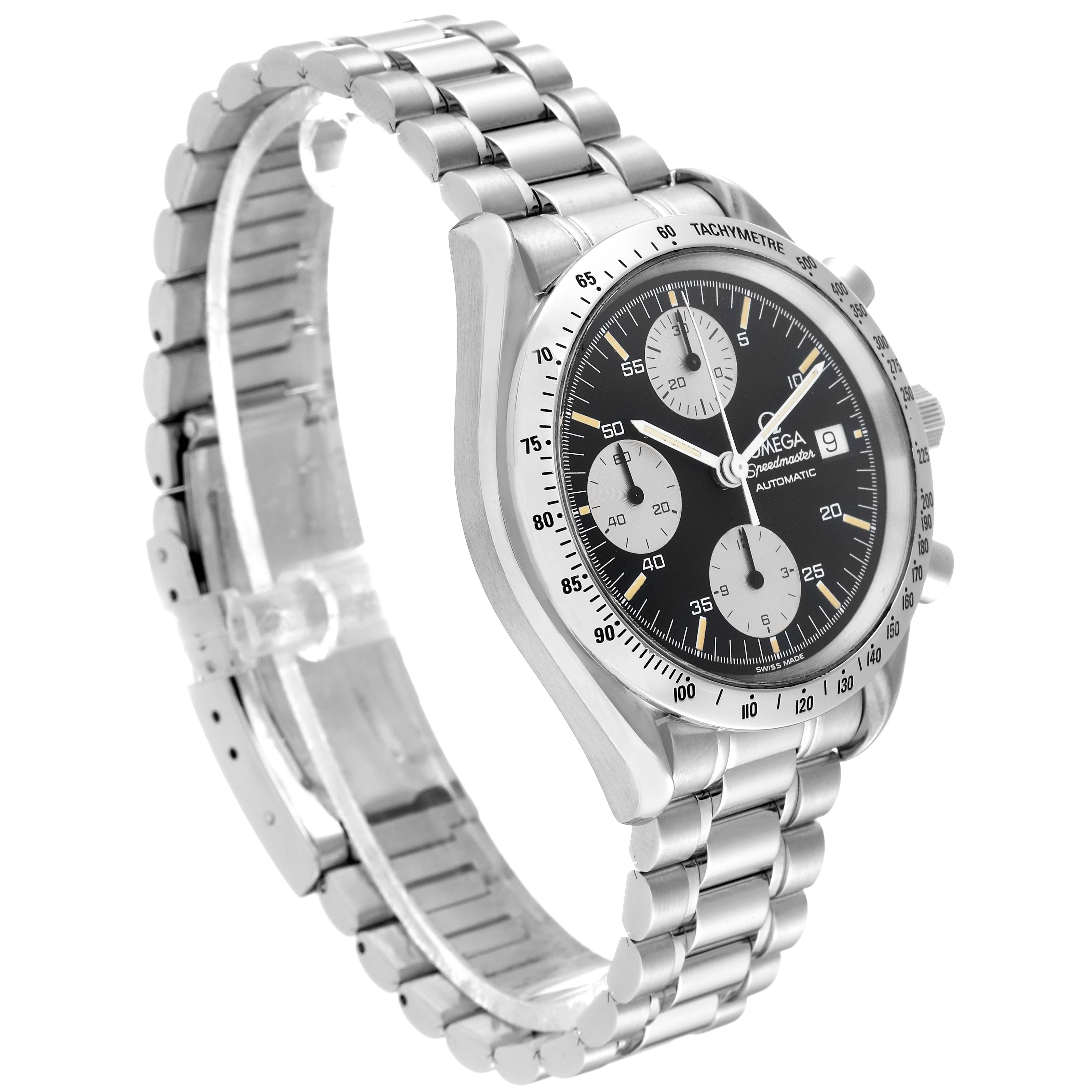 The Omega Seamaster 3511.50.00 Men
s Stainless Steel Black Dial 3511.50.00 Men
s Stainless Steel Black Dial watch is shown from a three-quarter angle, highlighting its face, bezel, and metal bracelet.