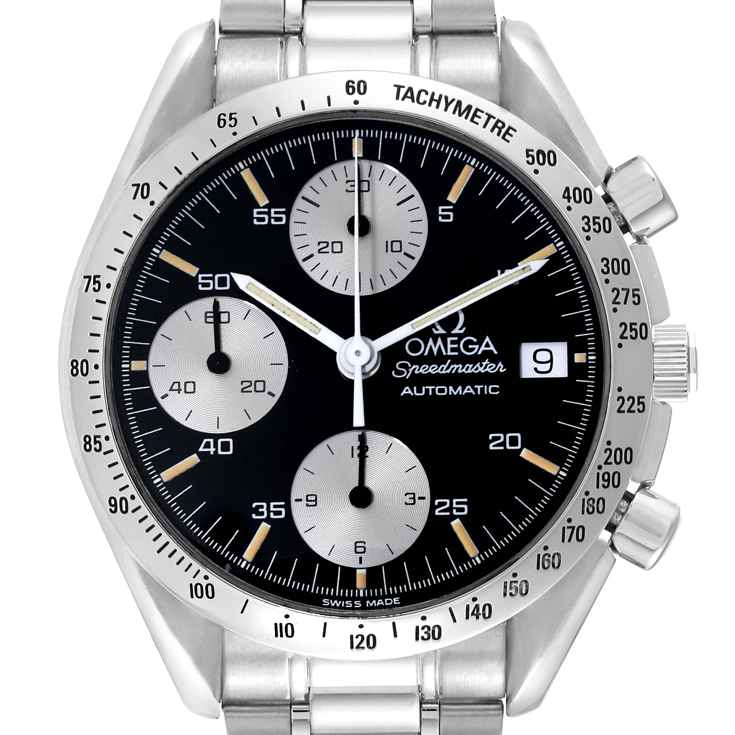 The image shows a front view of the Omega Seamaster 3511.50.00 Men
s Stainless Steel Black Dial 3511.50.00 Men
s Stainless Steel Black Dial watch, displaying the dial, hands, bezel, and part of the bracelet.