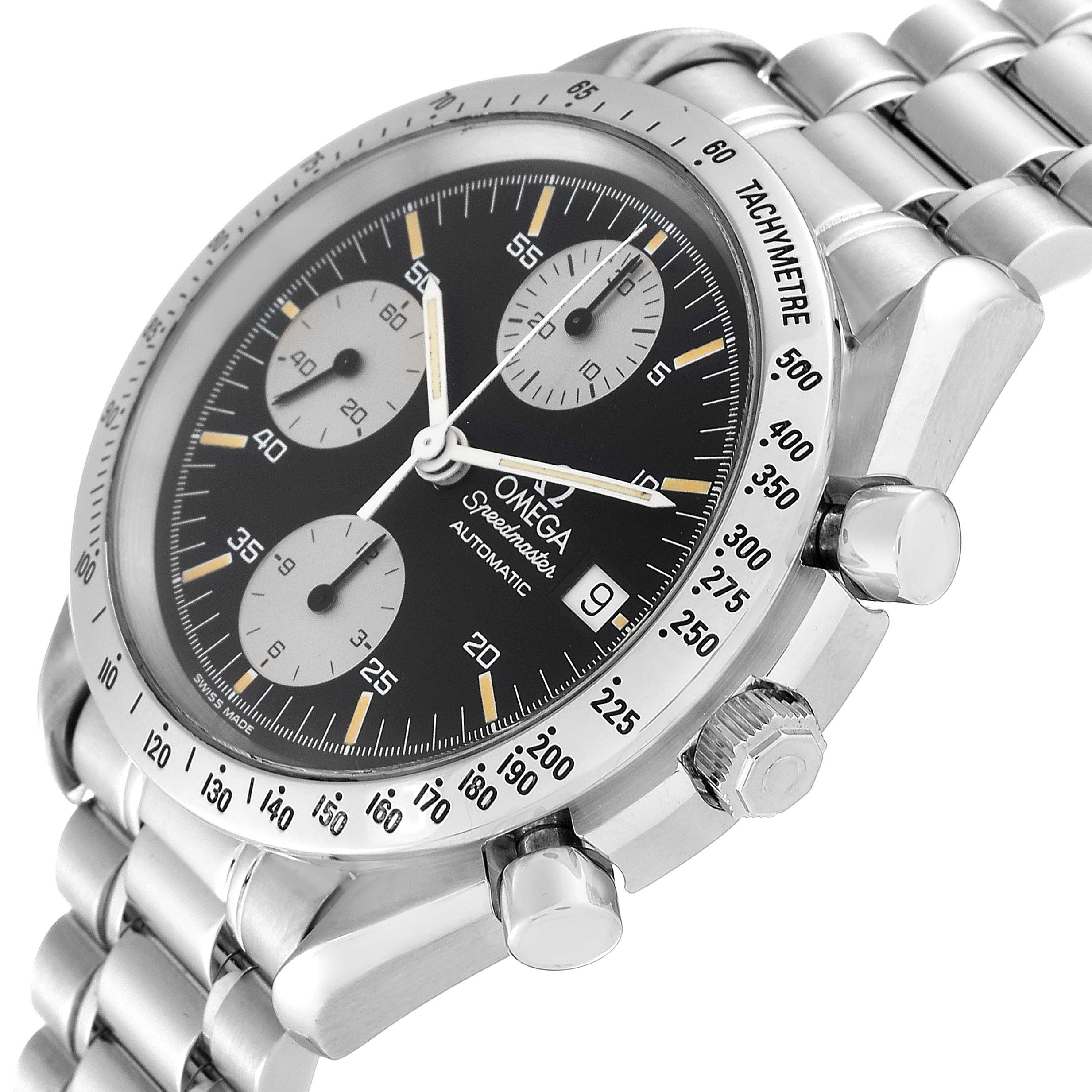 The Omega Seamaster 3511.50.00 Men
s Stainless Steel Black Dial 3511.50.00 Men
s Stainless Steel Black Dial watch is shown from a three-quarter angle, displaying the face, crown, pushers, and metal bracelet.