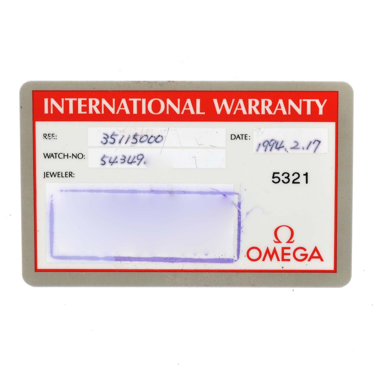 This image shows an International Warranty card for the Omega Seamaster 3511.50.00 Men
s Stainless Steel Black Dial 3511.50.00 Men
s Stainless Steel Black Dial watch, including reference and watch numbers.