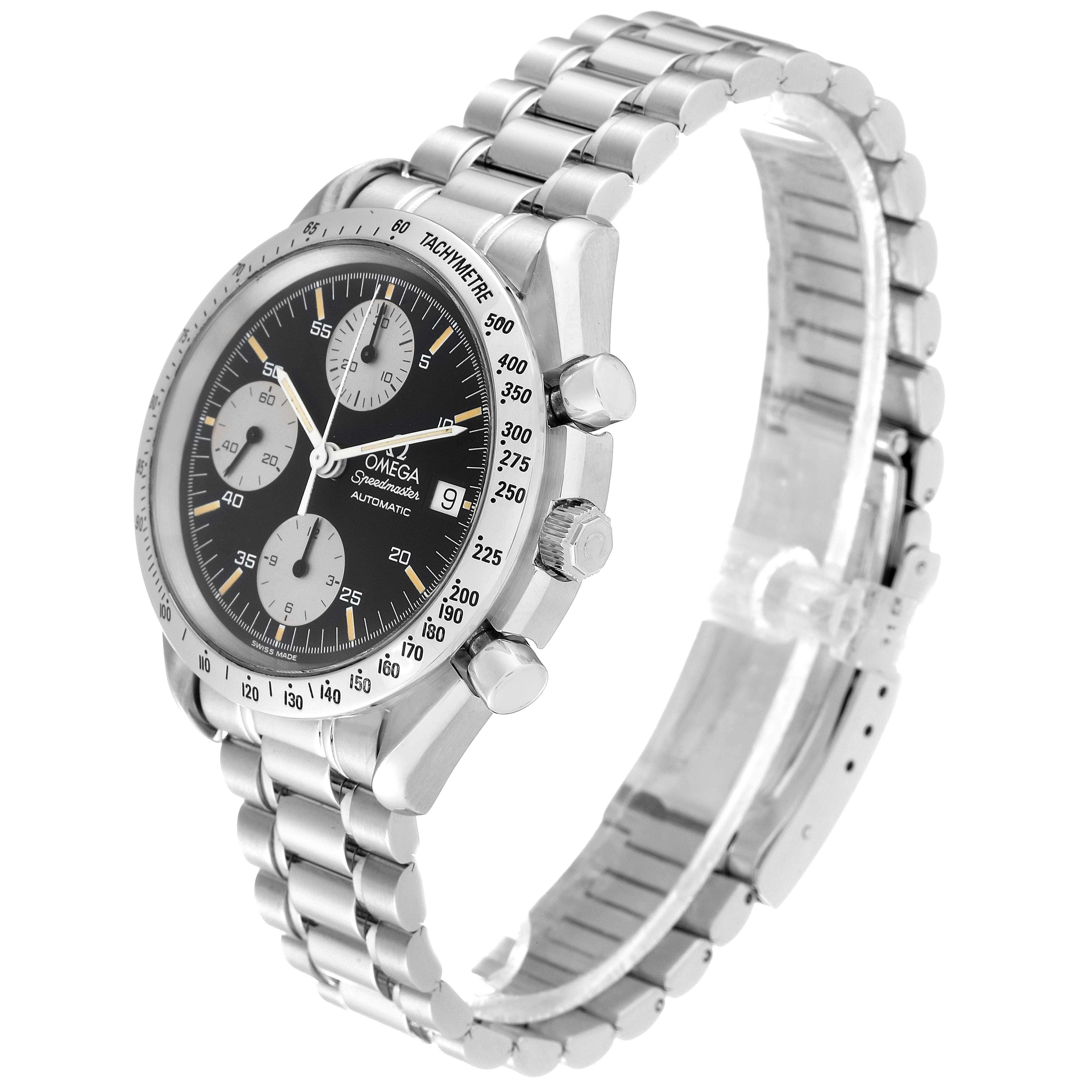 The Omega Seamaster 3511.50.00 Men
s Stainless Steel Black Dial 3511.50.00 Men
s Stainless Steel Black Dial watch is shown at a slight angle, highlighting its face, bezel, crown, pushers, and metal bracelet.