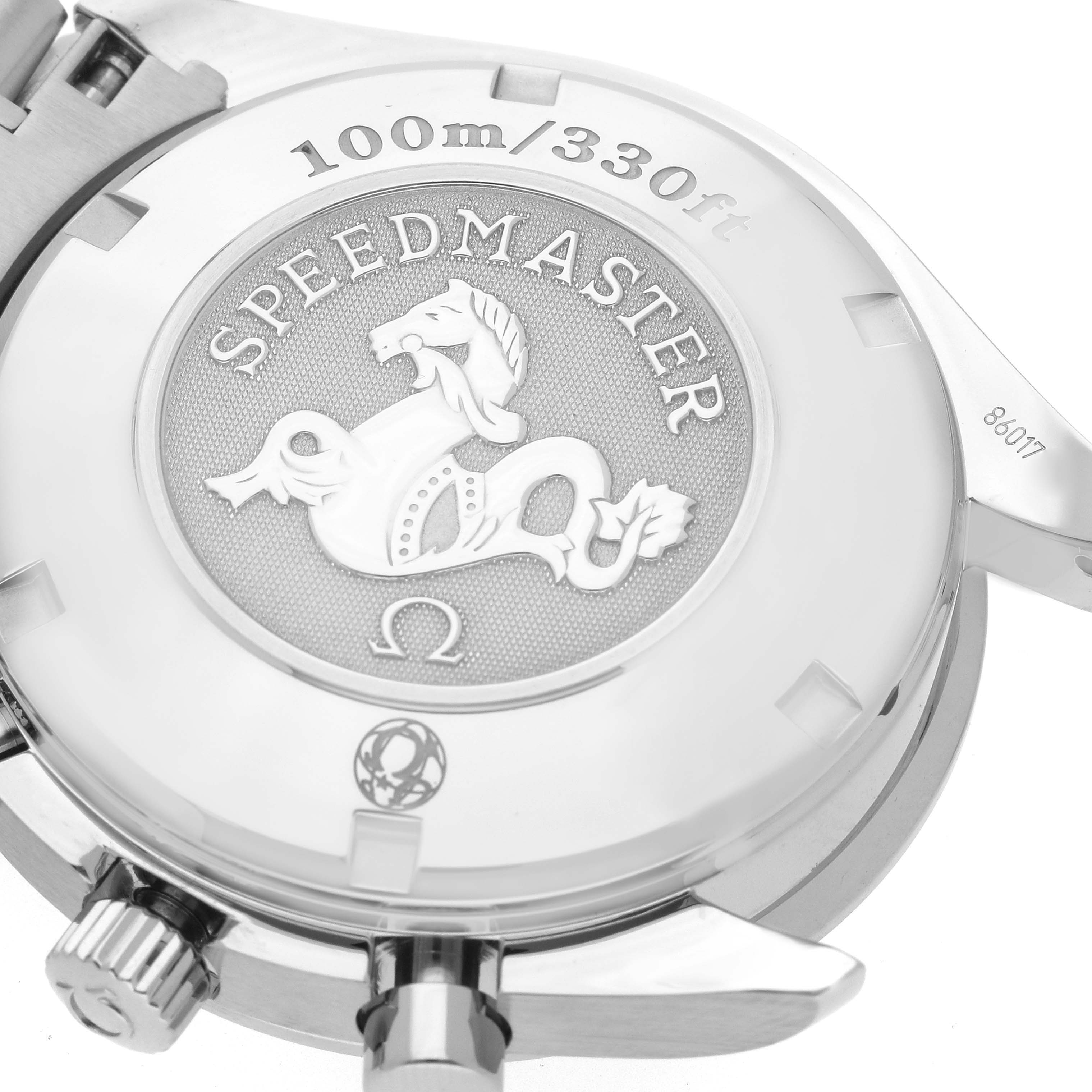 The image shows the back case and crown of an Omega Speedmaster 323.30.40.40.06.001 Men's Stainless Steel Grey Dial 323.30.40.40.06.001 Men's Stainless Steel Grey Dial watch, highlighting its water resistance.