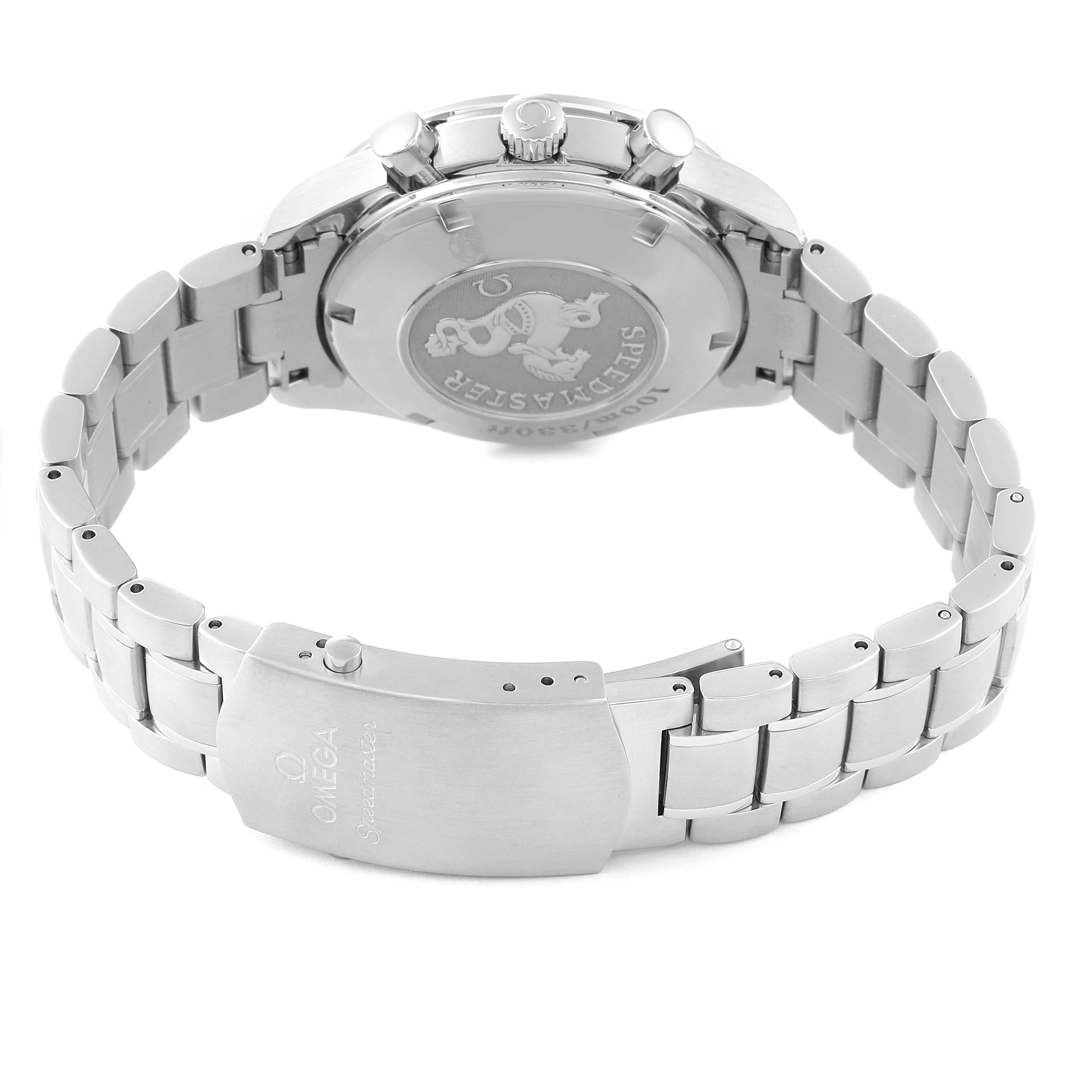 The image shows the Omega Speedmaster 323.30.40.40.06.001 Men's Stainless Steel Grey Dial 323.30.40.40.06.001 Men's Stainless Steel Grey Dial watch from a rear angle, highlighting the bracelet, clasp, and case back.