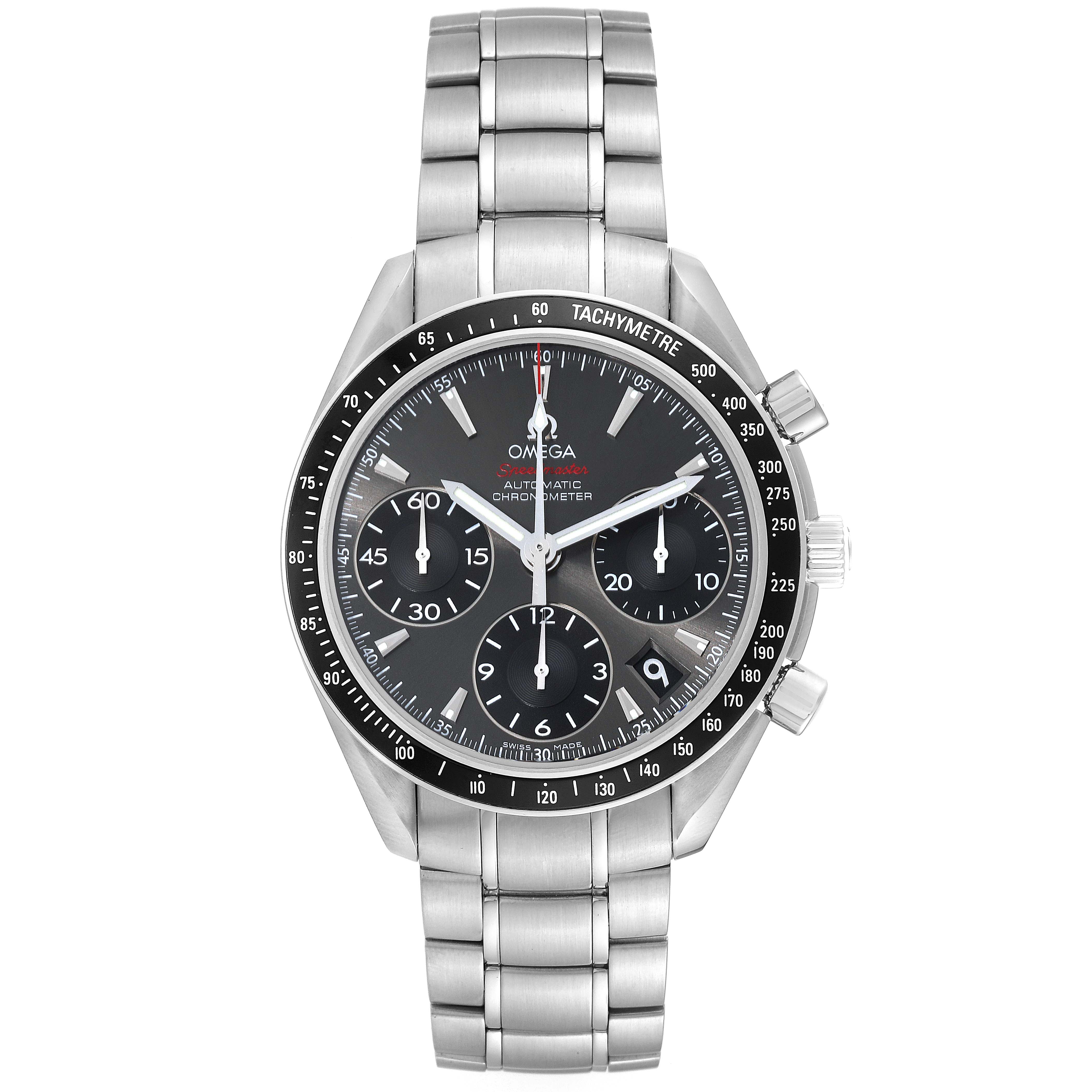 The Omega Speedmaster 323.30.40.40.06.001 Men's Stainless Steel Grey Dial 323.30.40.40.06.001 Men's Stainless Steel Grey Dial watch is shown from a front angle, displaying its face, bezel, chronograph dials, and stainless steel bracelet.