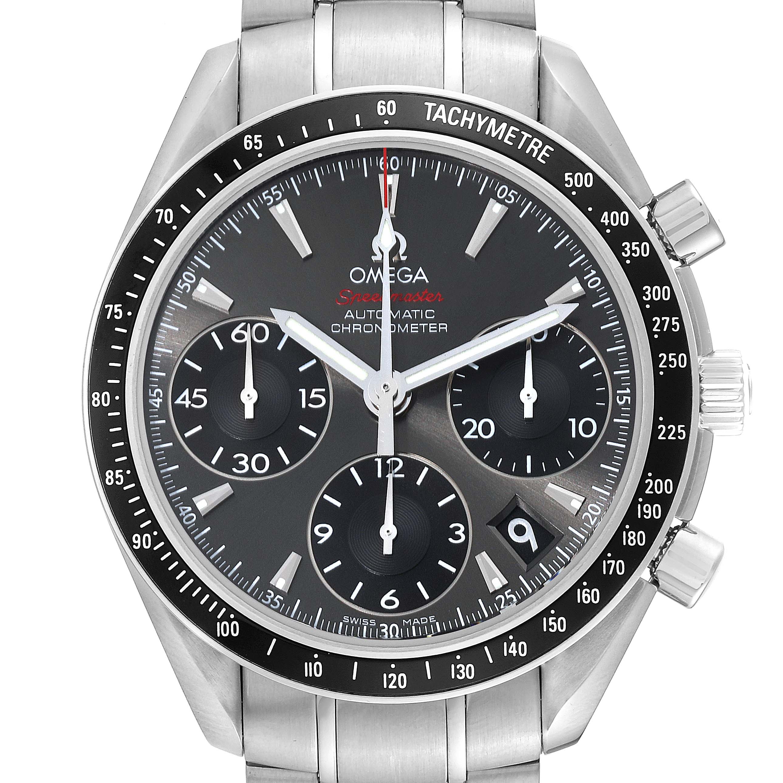 This image shows a frontal view of an Omega Speedmaster 323.30.40.40.06.001 Men's Stainless Steel Grey Dial 323.30.40.40.06.001 Men's Stainless Steel Grey Dial with a stainless steel bracelet and tachymeter bezel.