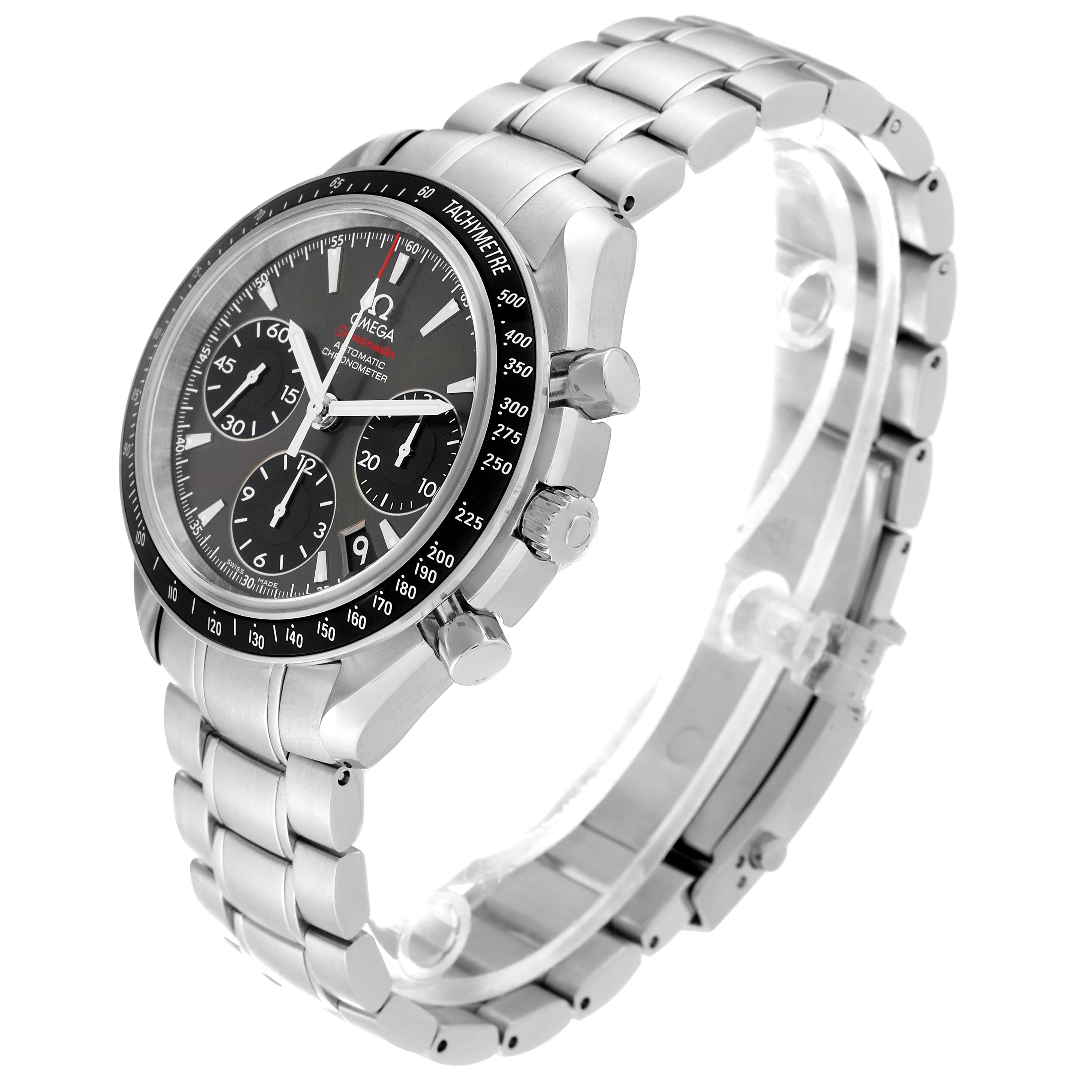 The Omega Speedmaster 323.30.40.40.06.001 Men's Stainless Steel Grey Dial 323.30.40.40.06.001 Men's Stainless Steel Grey Dial watch is shown from an angled side view, displaying the face, bezel, chronograph buttons, and metal bracelet.