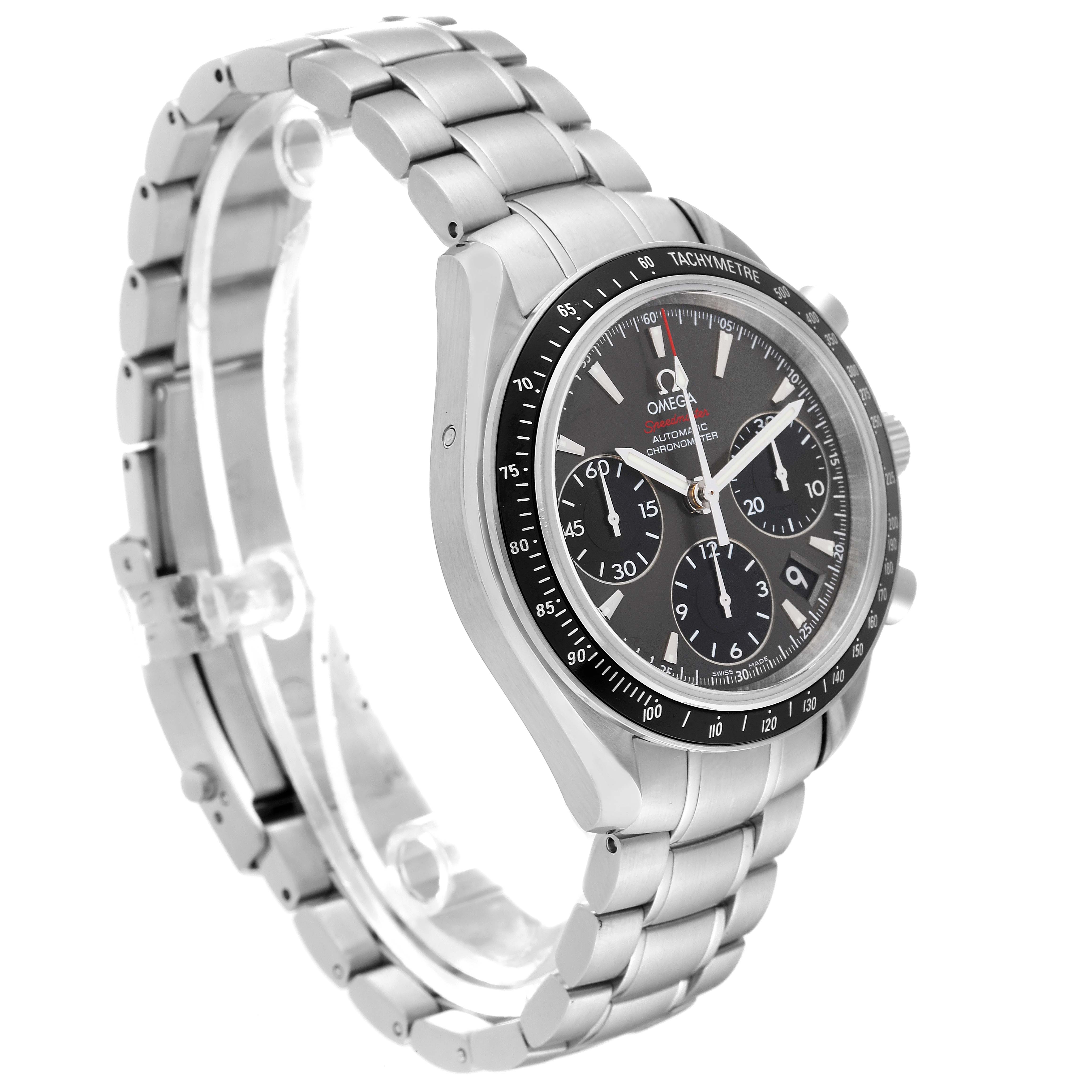 The image shows a side-angle view of an Omega Speedmaster 323.30.40.40.06.001 Men's Stainless Steel Grey Dial 323.30.40.40.06.001 Men's Stainless Steel Grey Dial watch, highlighting its face, bezel, and metal bracelet.