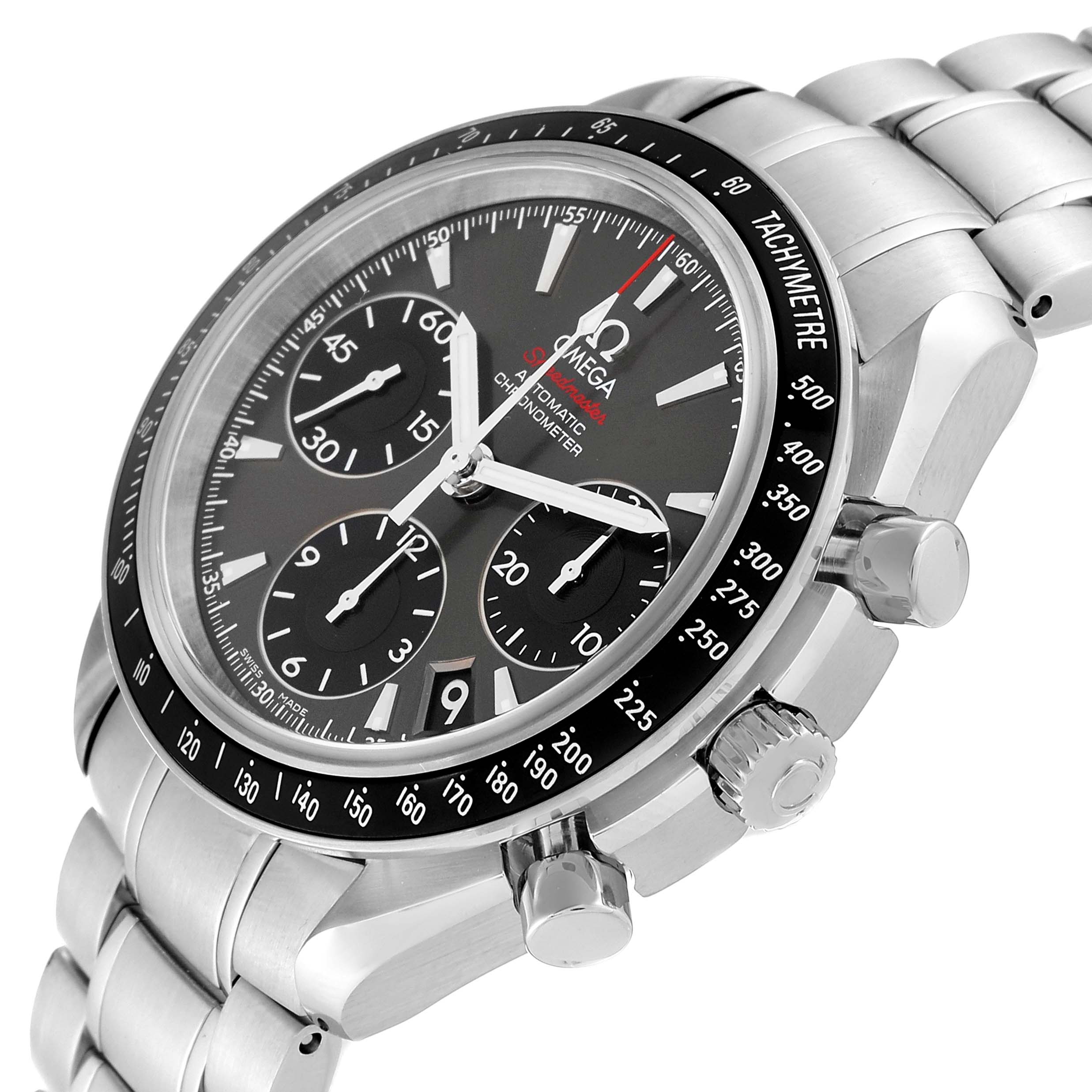 The Omega Speedmaster 323.30.40.40.06.001 Men's Stainless Steel Grey Dial 323.30.40.40.06.001 Men's Stainless Steel Grey Dial watch is shown at an angled view, highlighting the face, bezel, tachymeter, and crown.