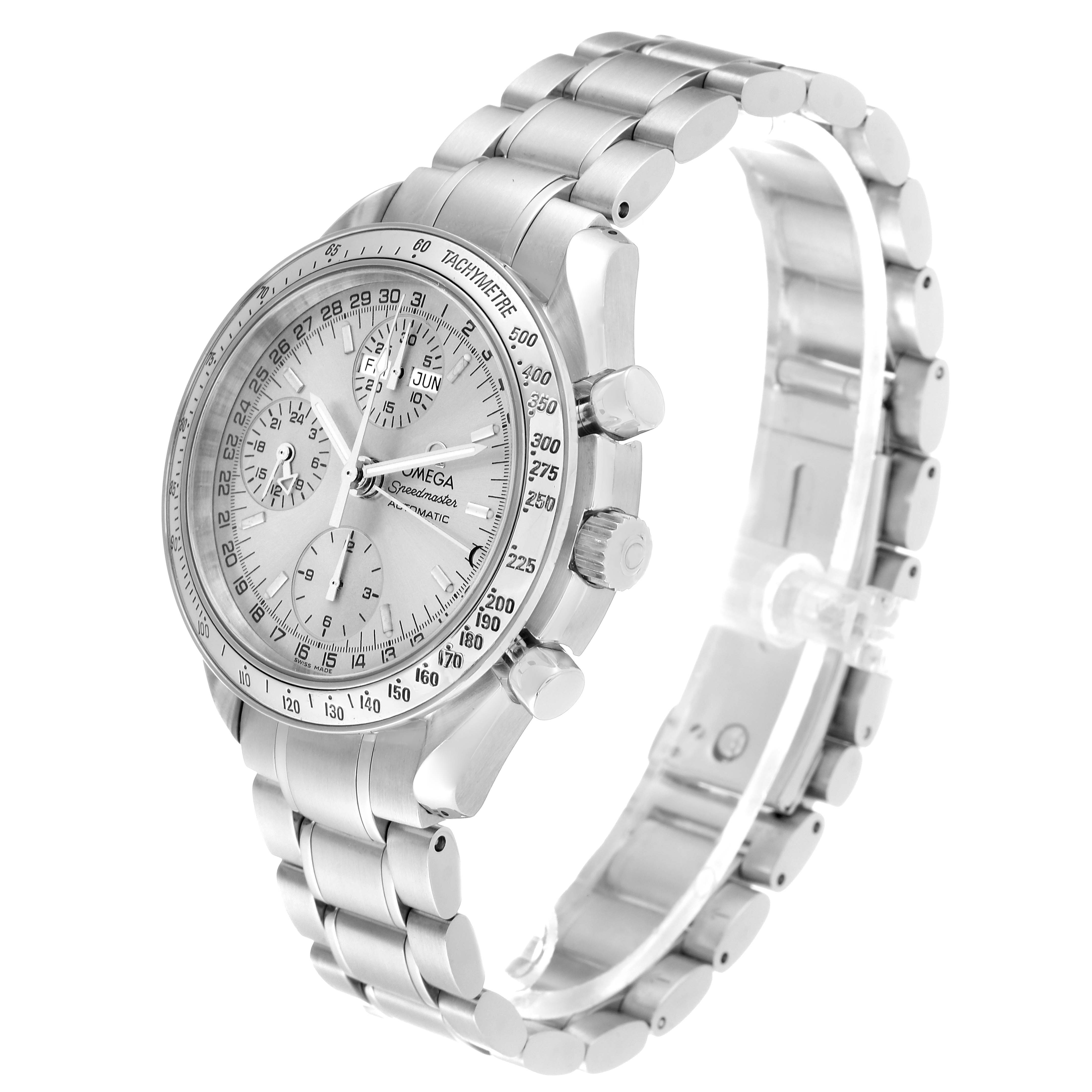 The Omega Speedmaster 3523.30.00 Men
s Stainless Steel Silver Dial 3523.30.00 Men
s Stainless Steel Silver Dial watch is shown at a three-quarter angle, highlighting the case, dial, pushers, and stainless steel bracelet.