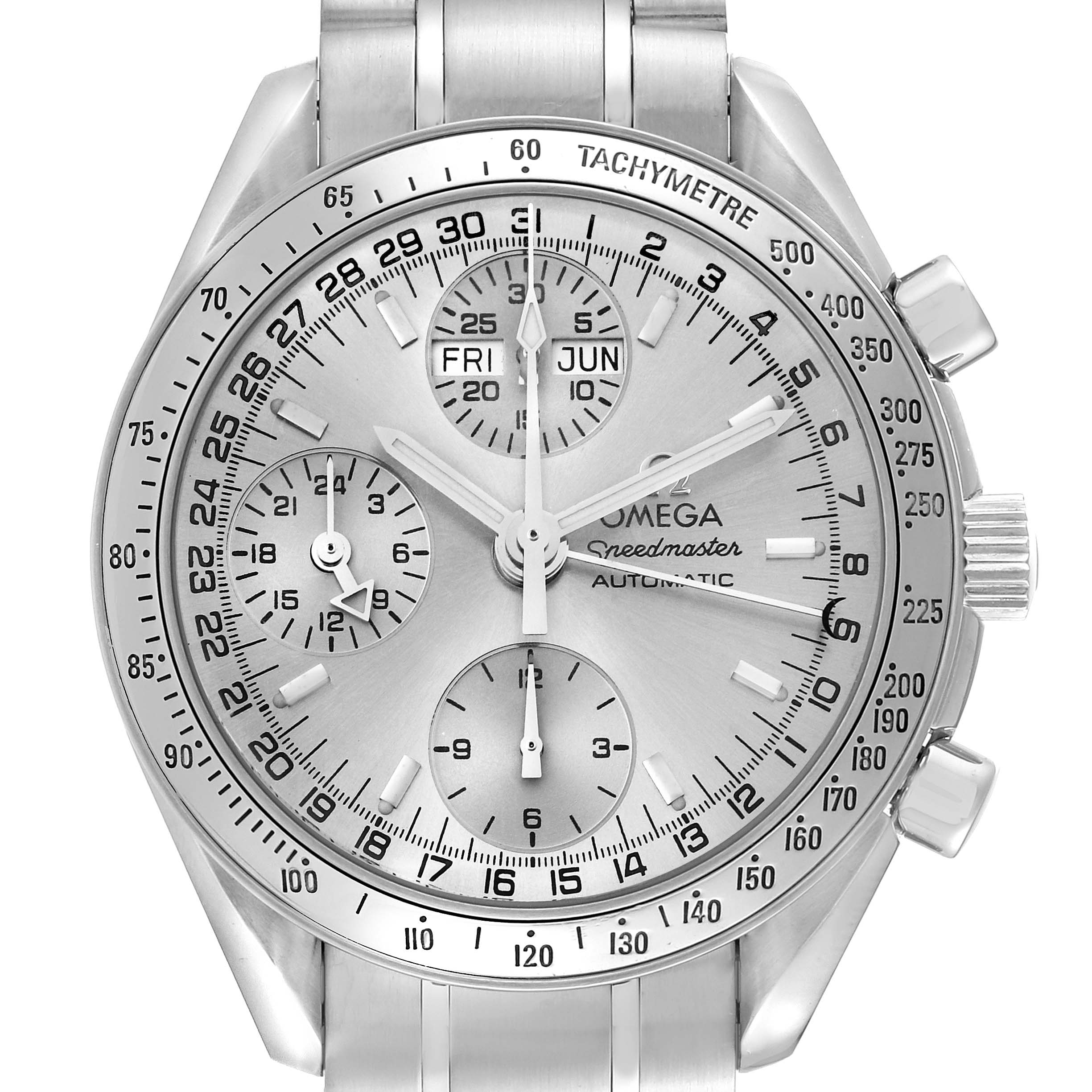 The image shows a front view of an Omega Speedmaster 3523.30.00 Men
s Stainless Steel Silver Dial 3523.30.00 Men
s Stainless Steel Silver Dial watch, displaying the dial, subdials, and tachymeter bezel.