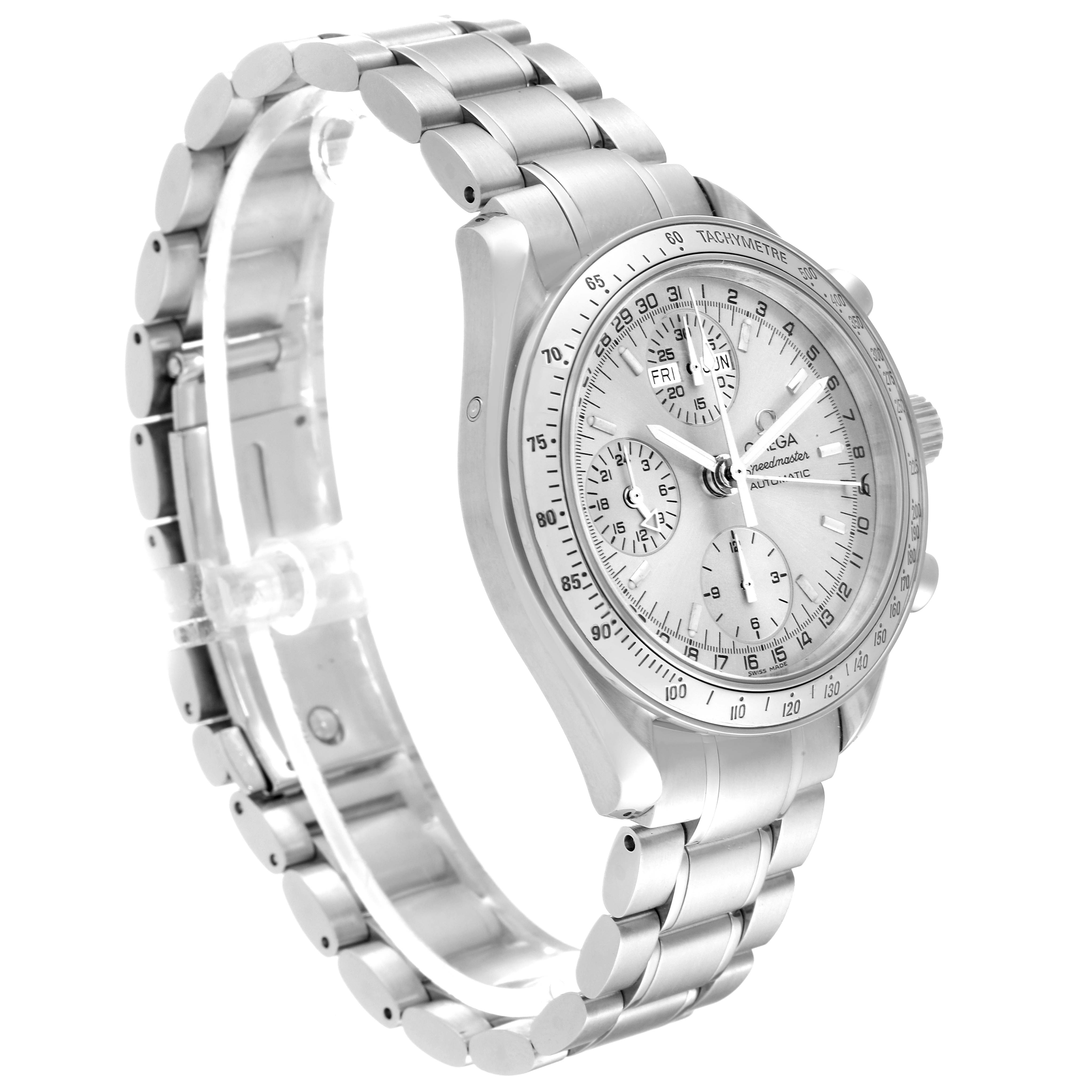 The image shows an angled side view of the Omega Speedmaster 3523.30.00 Men
s Stainless Steel Silver Dial 3523.30.00 Men
s Stainless Steel Silver Dial watch, highlighting the face, bezel, and bracelet.