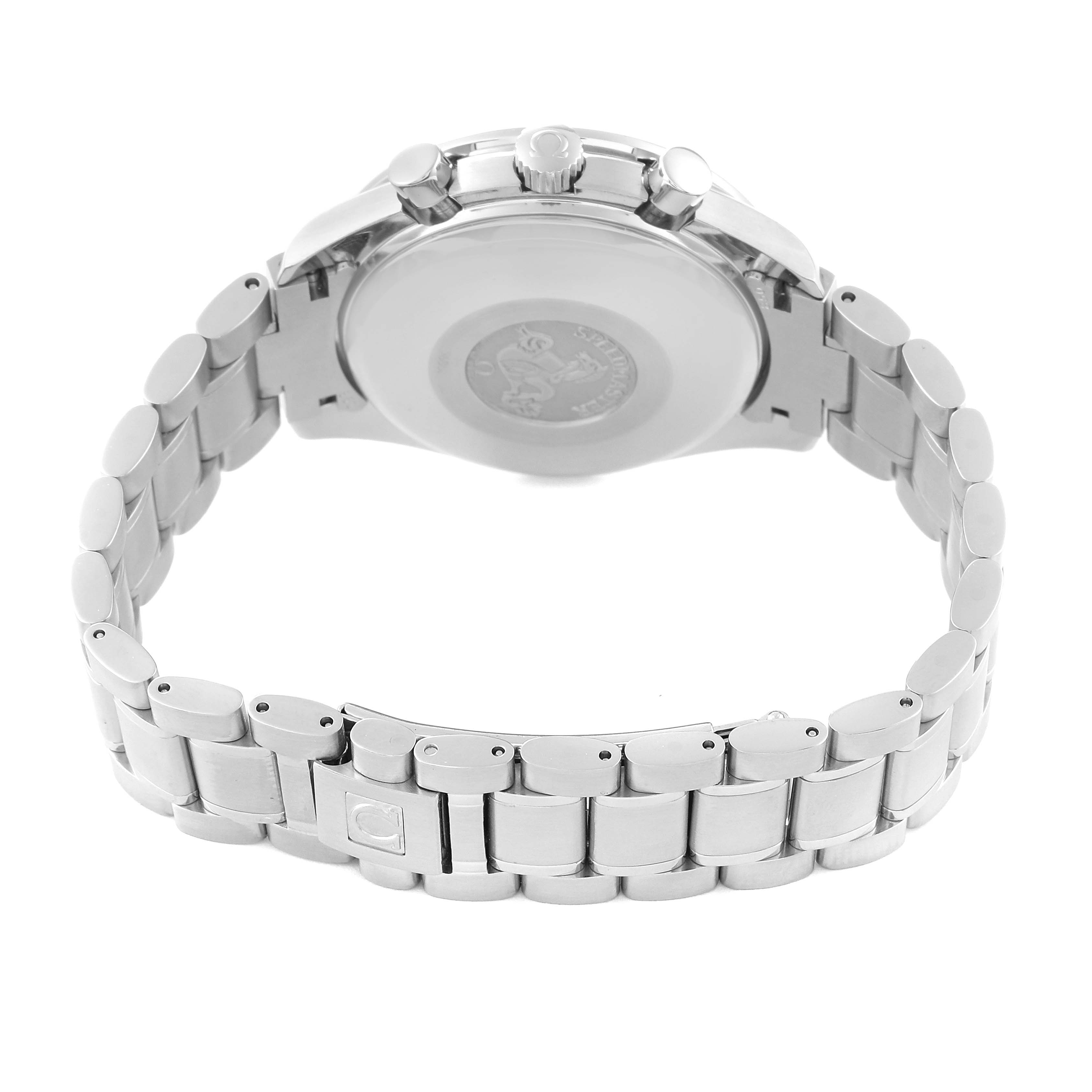 The image shows the back view of an Omega Speedmaster 3523.30.00 Men
s Stainless Steel Silver Dial 3523.30.00 Men
s Stainless Steel Silver Dial watch, highlighting its stainless steel bracelet and case back.