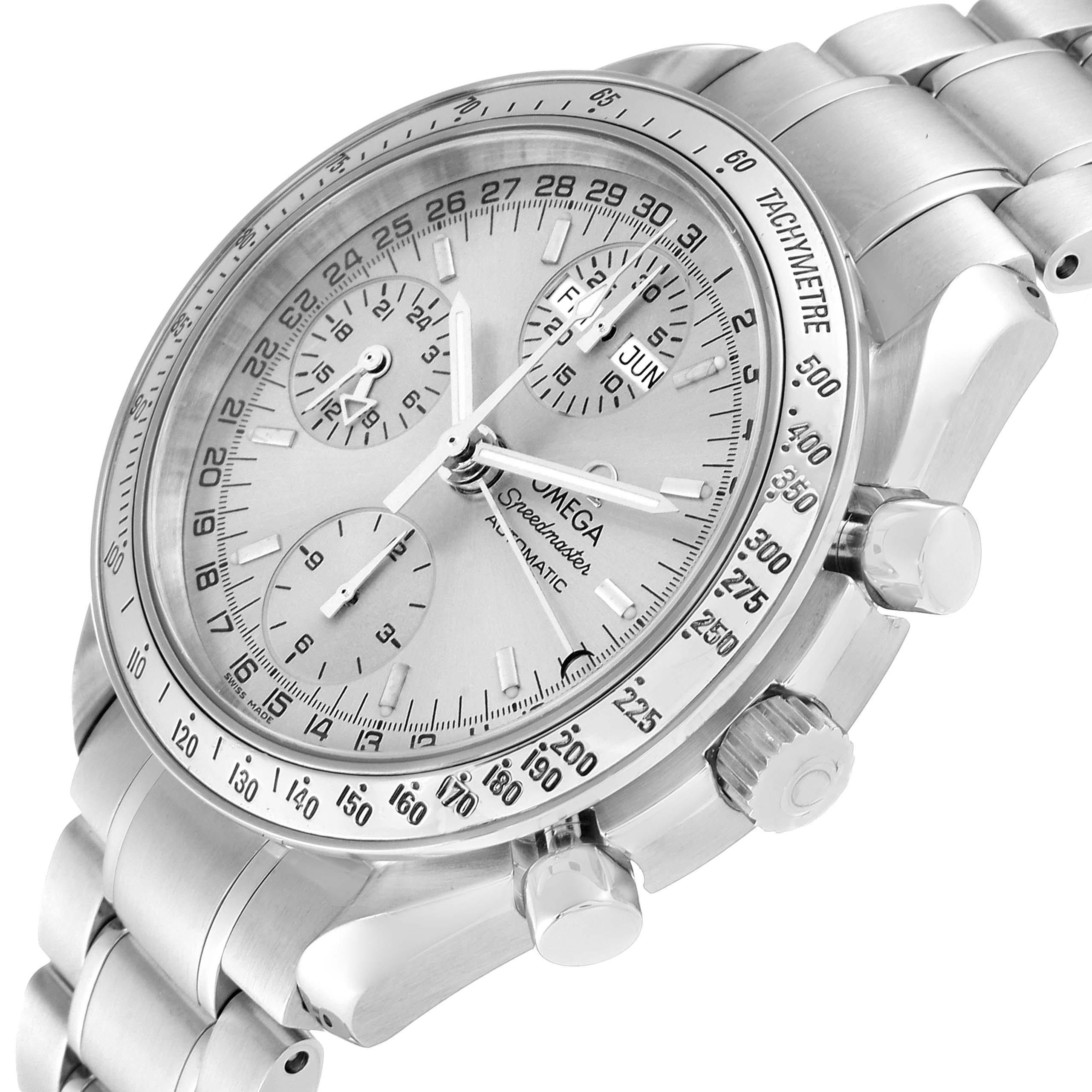 This is a close-up angle of an Omega Speedmaster 3523.30.00 Men
s Stainless Steel Silver Dial 3523.30.00 Men
s Stainless Steel Silver Dial watch showing the face, tachymeter bezel, and part of the stainless steel bracelet.
