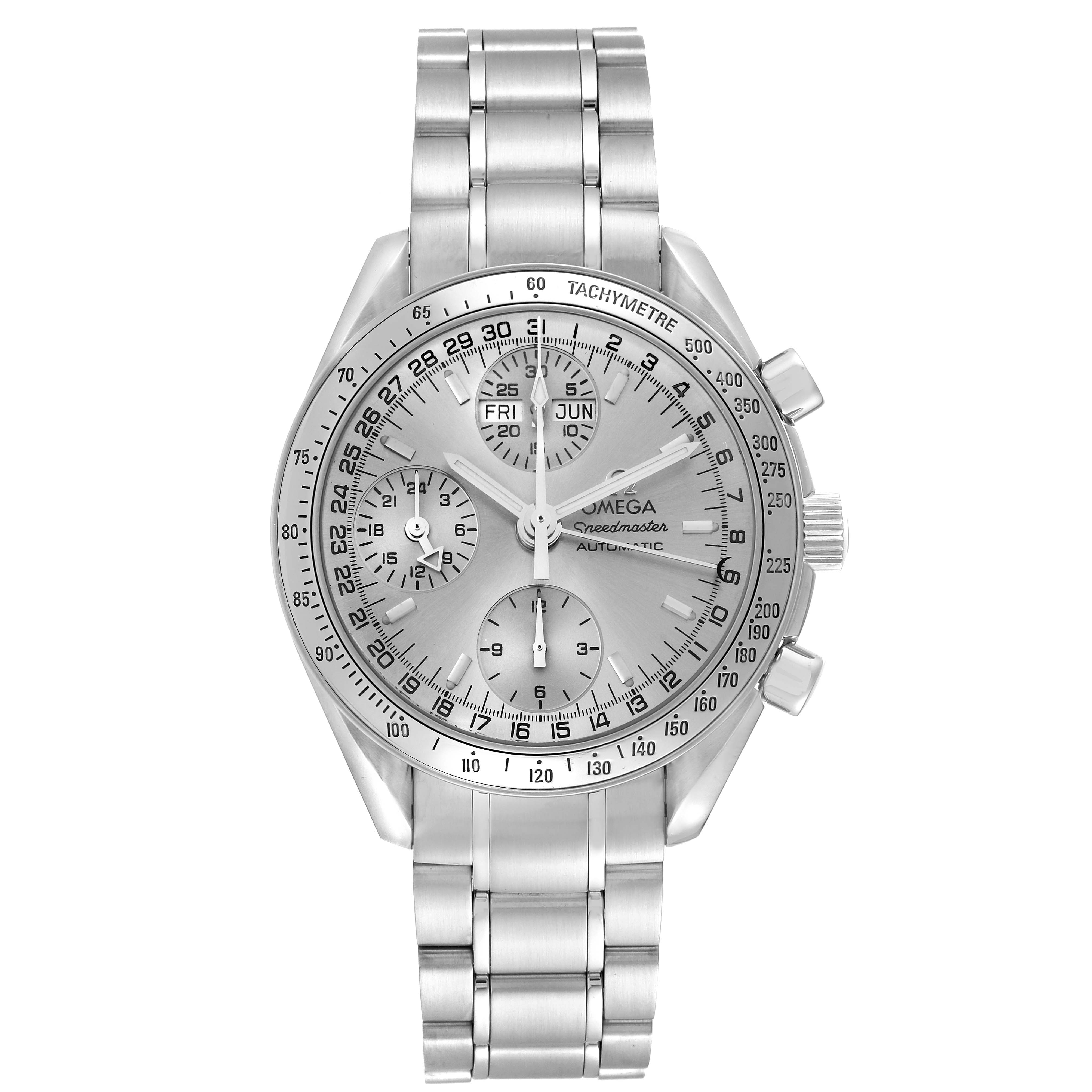 The image shows a front view of an Omega Speedmaster 3523.30.00 Men
s Stainless Steel Silver Dial 3523.30.00 Men
s Stainless Steel Silver Dial watch with its dial, bezel, and metal bracelet visible.