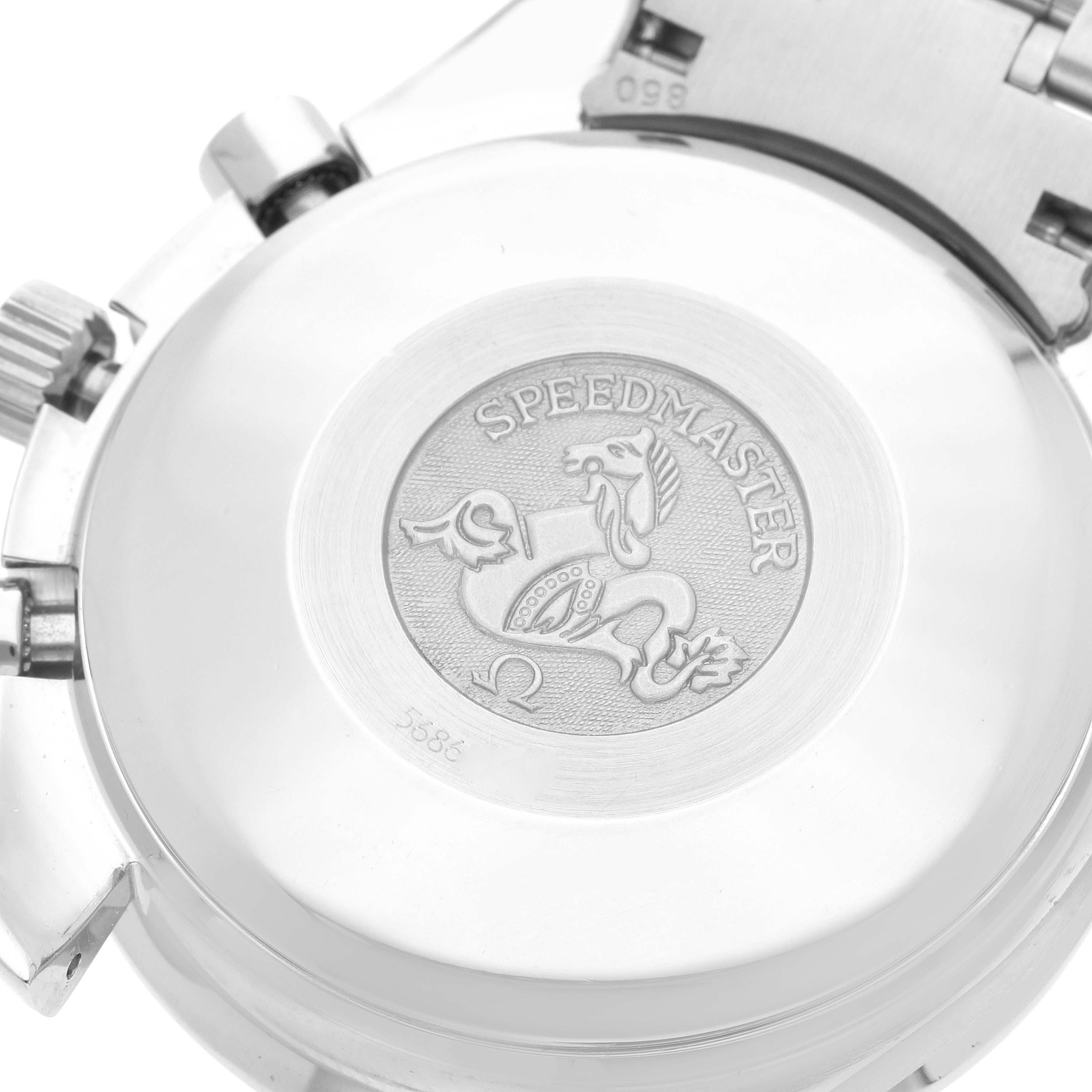 The image shows the back casing of an Omega Speedmaster 3523.30.00 Men
s Stainless Steel Silver Dial 3523.30.00 Men
s Stainless Steel Silver Dial watch, featuring the engraved Speedmaster logo.