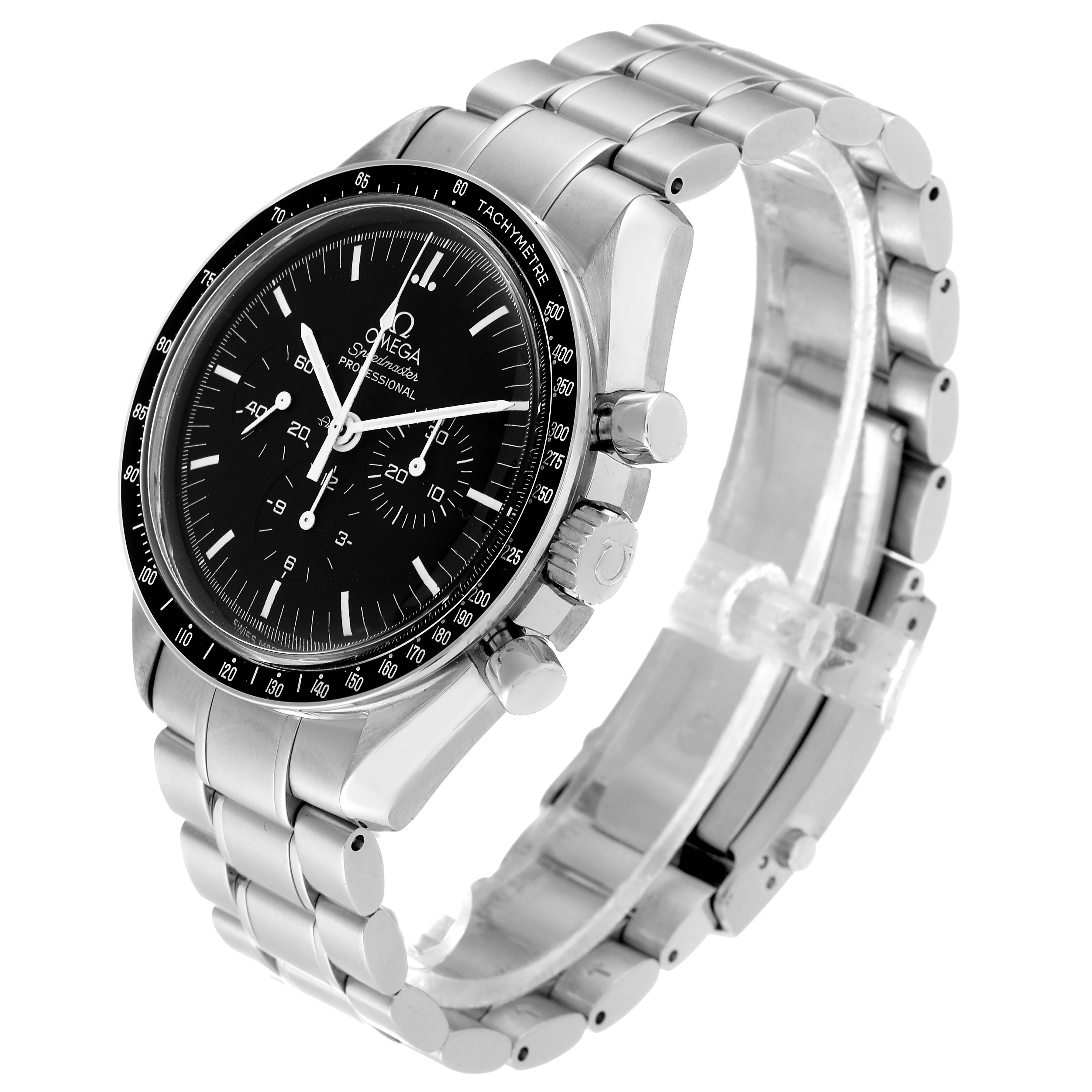 The image shows an Omega Speedmaster 3570.50.00 Men
s Stainless Steel Black Dial 3570.50.00 Men
s Stainless Steel Black Dial watch at a three-quarter angle, showcasing the dial, bezel, case, and bracelet.