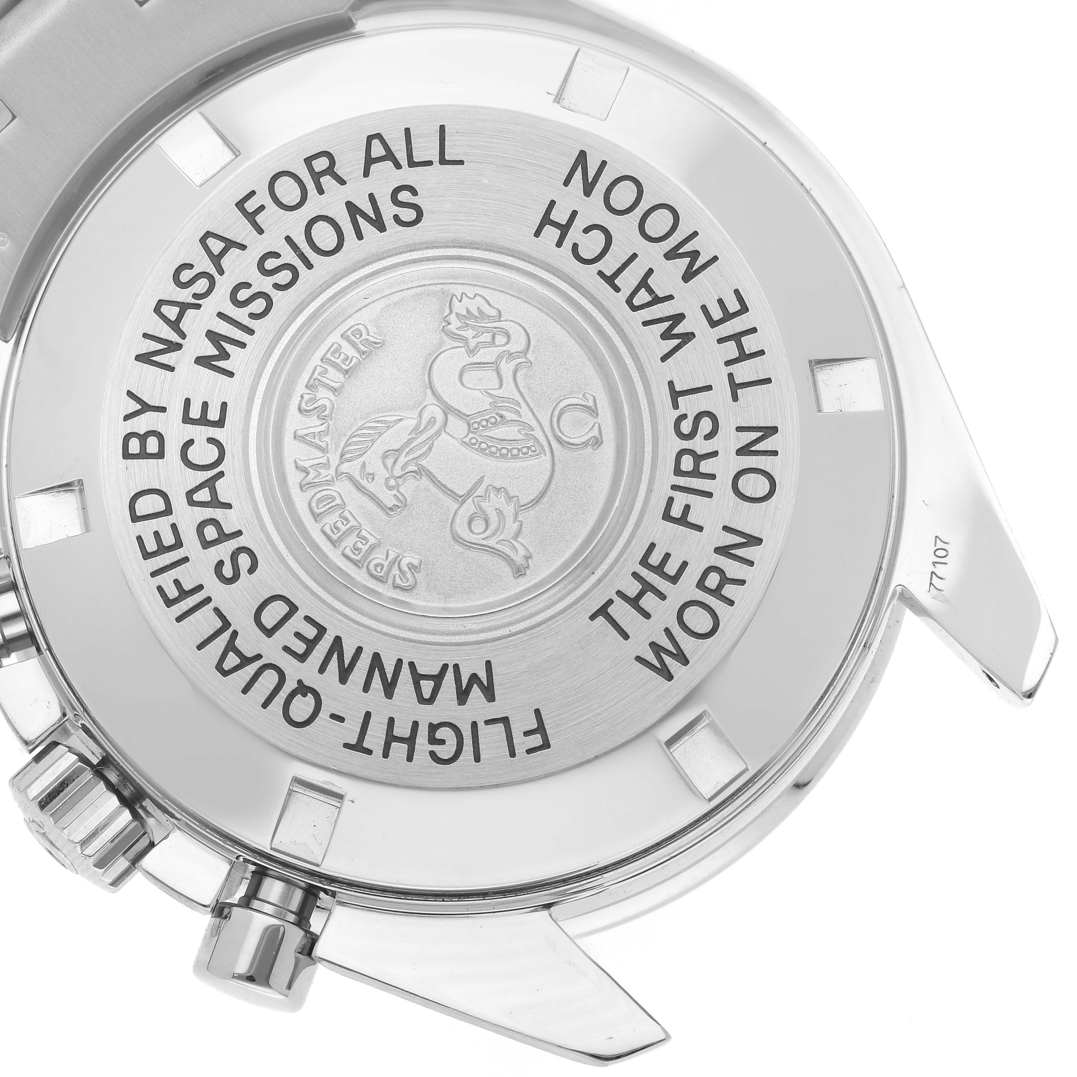 The image shows the case back of an Omega Speedmaster 3570.50.00 Men
s Stainless Steel Black Dial 3570.50.00 Men
s Stainless Steel Black Dial watch, highlighting its engravings and part of the bracelet.