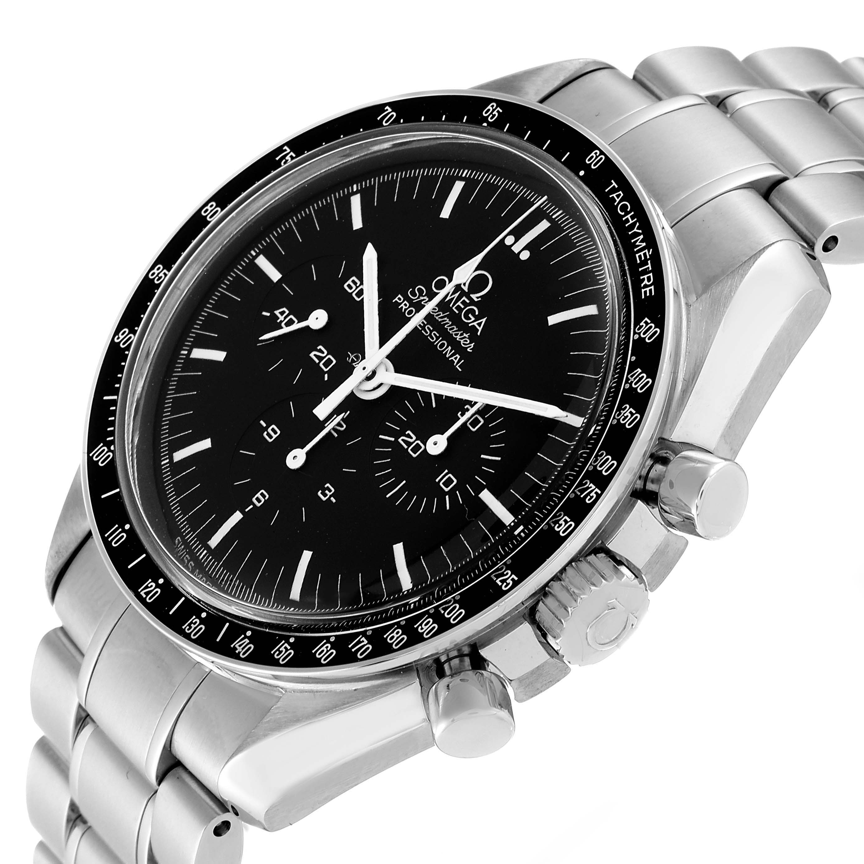This image shows a diagonal close-up view of the Omega Speedmaster 3570.50.00 Men
s Stainless Steel Black Dial 3570.50.00 Men
s Stainless Steel Black Dial watch, highlighting the face, bezel, crown, and pushers.