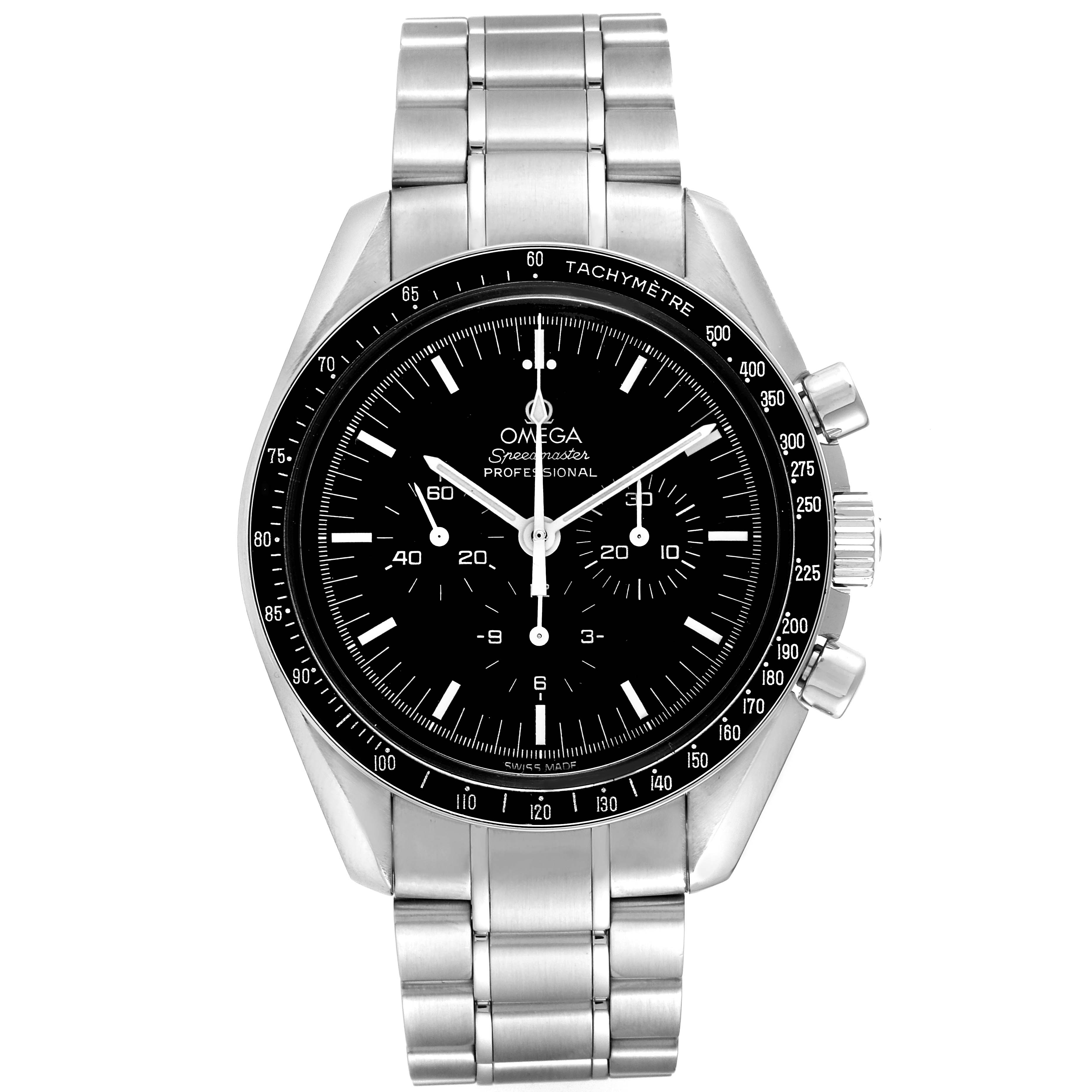 This is a front view of an Omega Speedmaster 3570.50.00 Men
s Stainless Steel Black Dial 3570.50.00 Men
s Stainless Steel Black Dial watch, showcasing the dial, bezel, case, and bracelet.