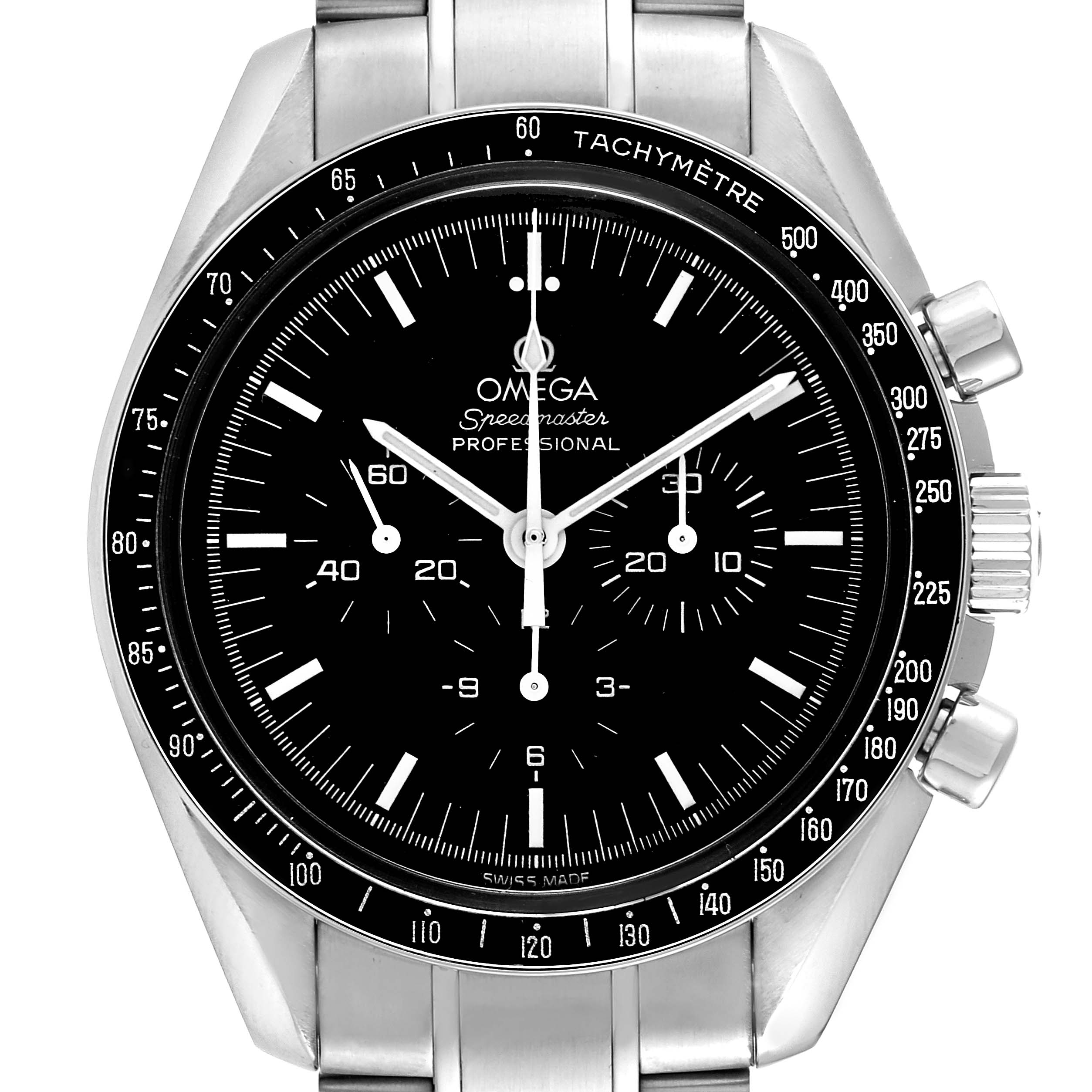 This image shows a front view of the Omega Speedmaster 3570.50.00 Men
s Stainless Steel Black Dial 3570.50.00 Men
s Stainless Steel Black Dial watch, focusing on its dial, bezel, and bracelet.