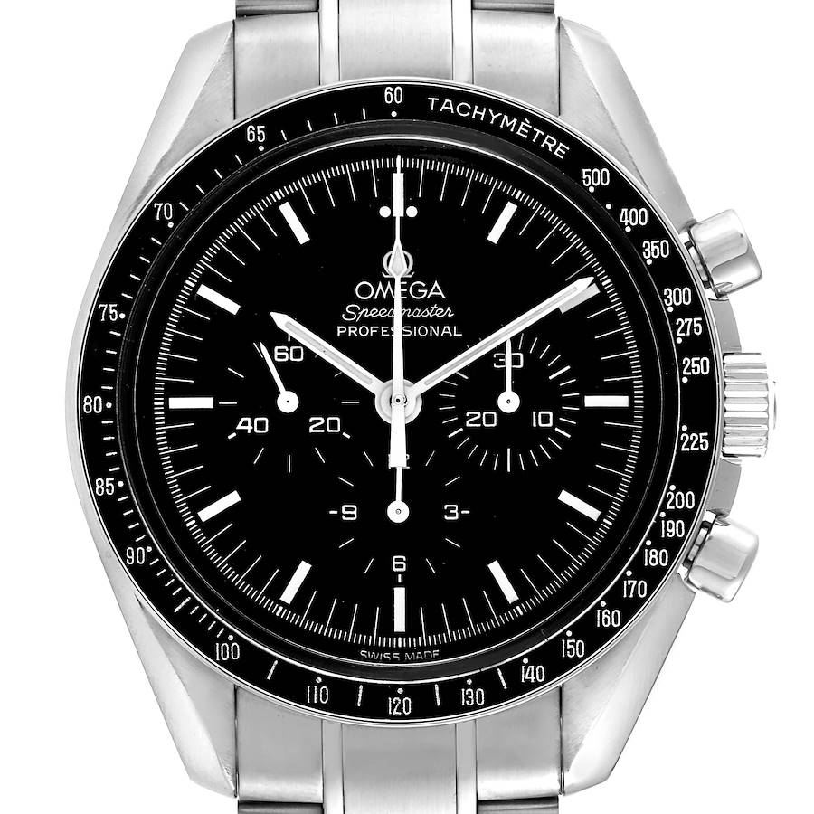 This image shows a front view of the Omega Speedmaster watch, focusing on its dial, bezel, and bracelet.