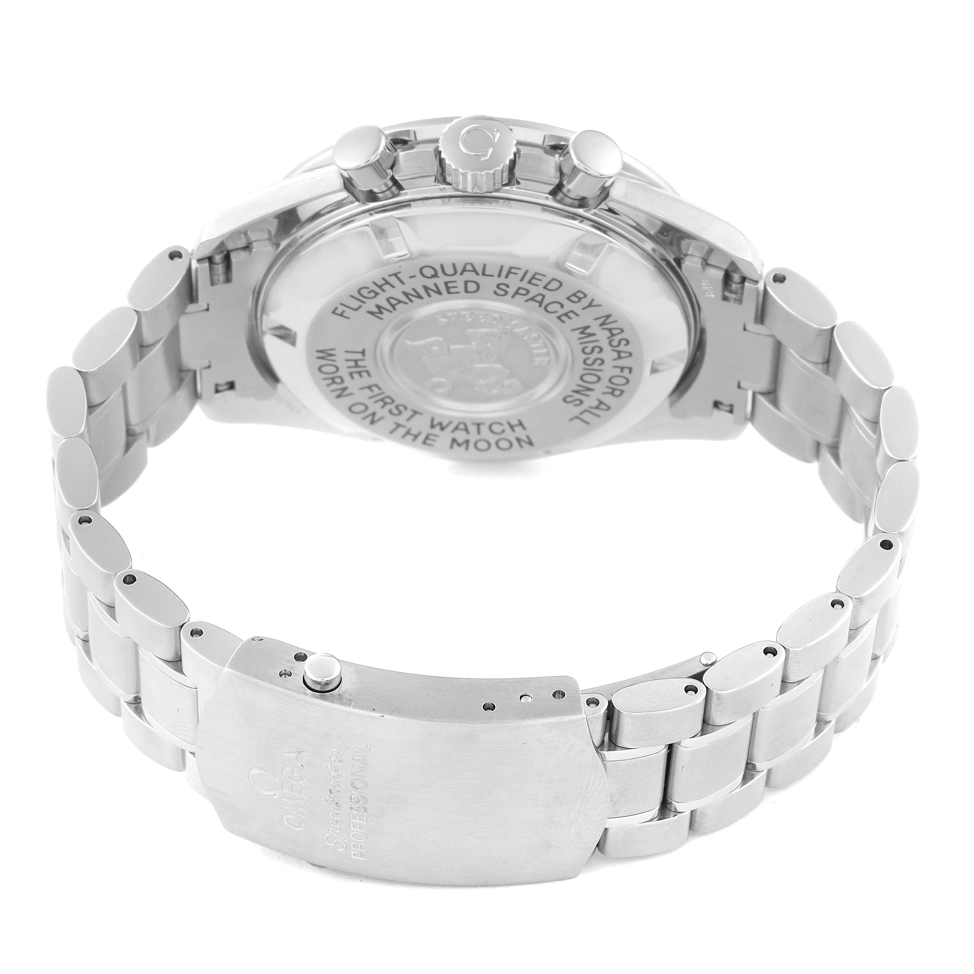 The image shows the rear view of an Omega Speedmaster 3570.50.00 Men
s Stainless Steel Black Dial 3570.50.00 Men
s Stainless Steel Black Dial watch, highlighting the case back and metal bracelet.