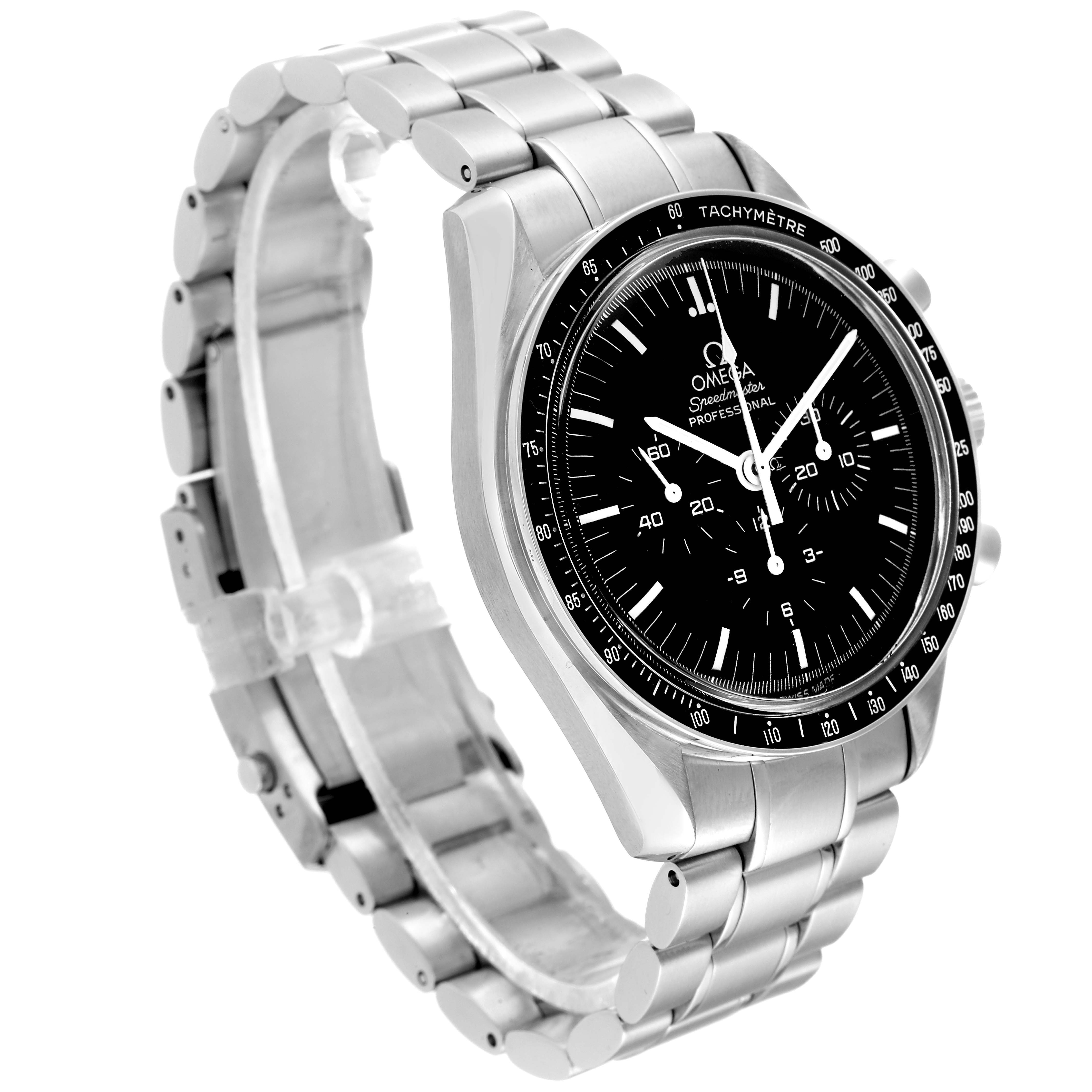 This Omega Speedmaster 3570.50.00 Men
s Stainless Steel Black Dial 3570.50.00 Men
s Stainless Steel Black Dial watch is shown from a front-side angle, highlighting its face, bezel, and stainless steel band.