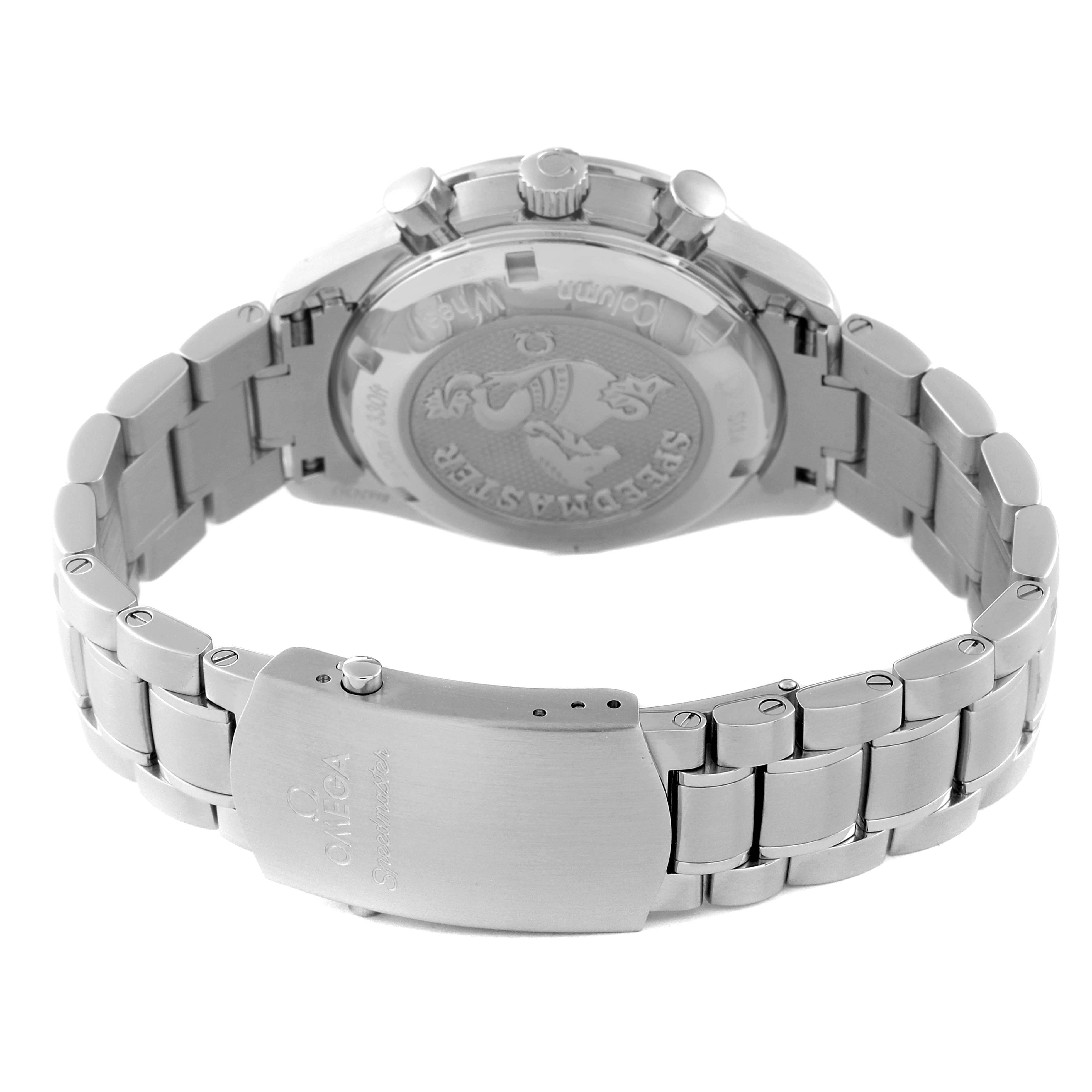 The image shows the back, clasp, and bracelet of an Omega Speedmaster 326.30.40.50.01.002 Men
s Stainless Steel Black Dial 326.30.40.50.01.002 Men
s Stainless Steel Black Dial watch.