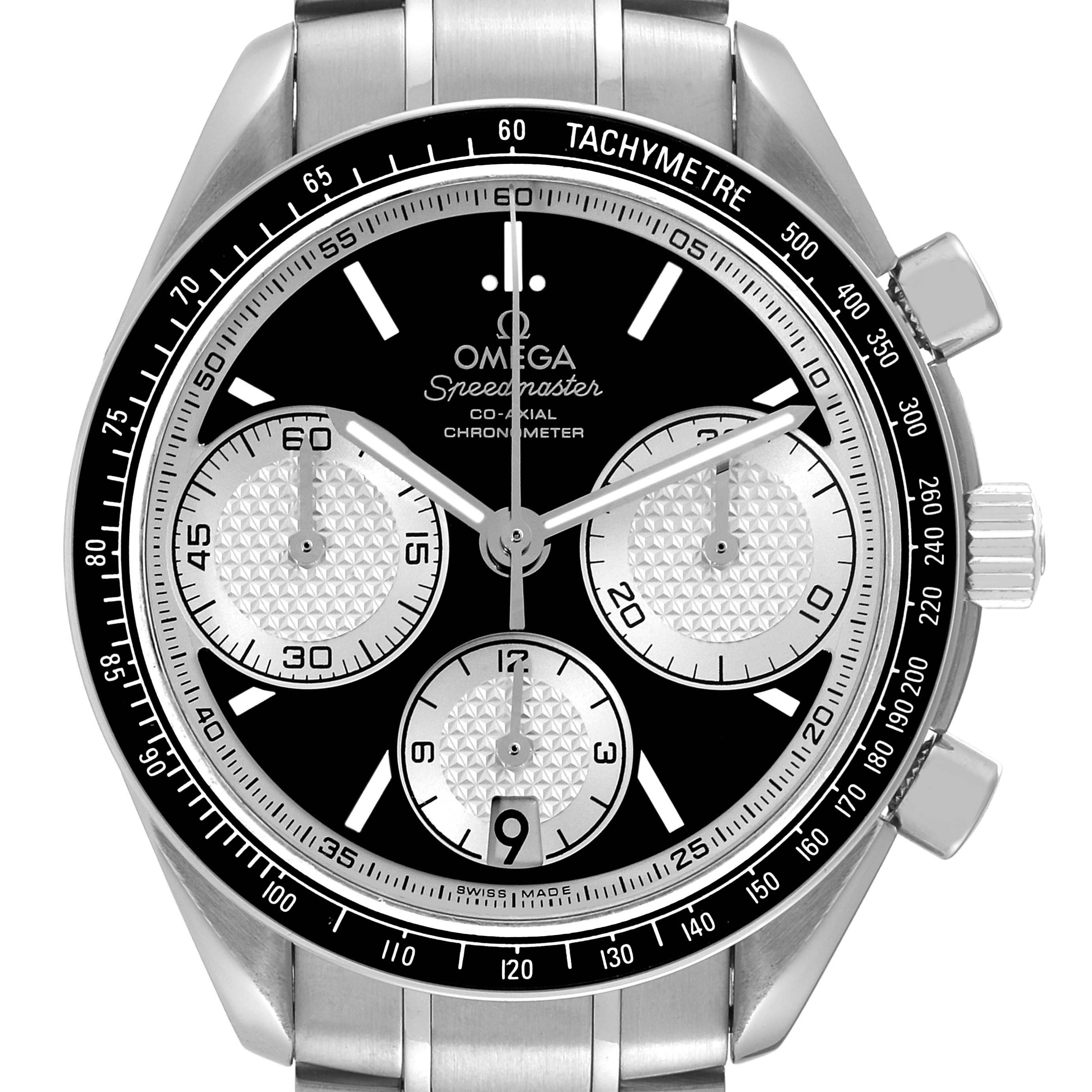 The image shows a front view of an Omega Speedmaster 326.30.40.50.01.002 Men
s Stainless Steel Black Dial 326.30.40.50.01.002 Men
s Stainless Steel Black Dial watch, highlighting its dial, subdials, tachymeter, and stainless steel bracelet.