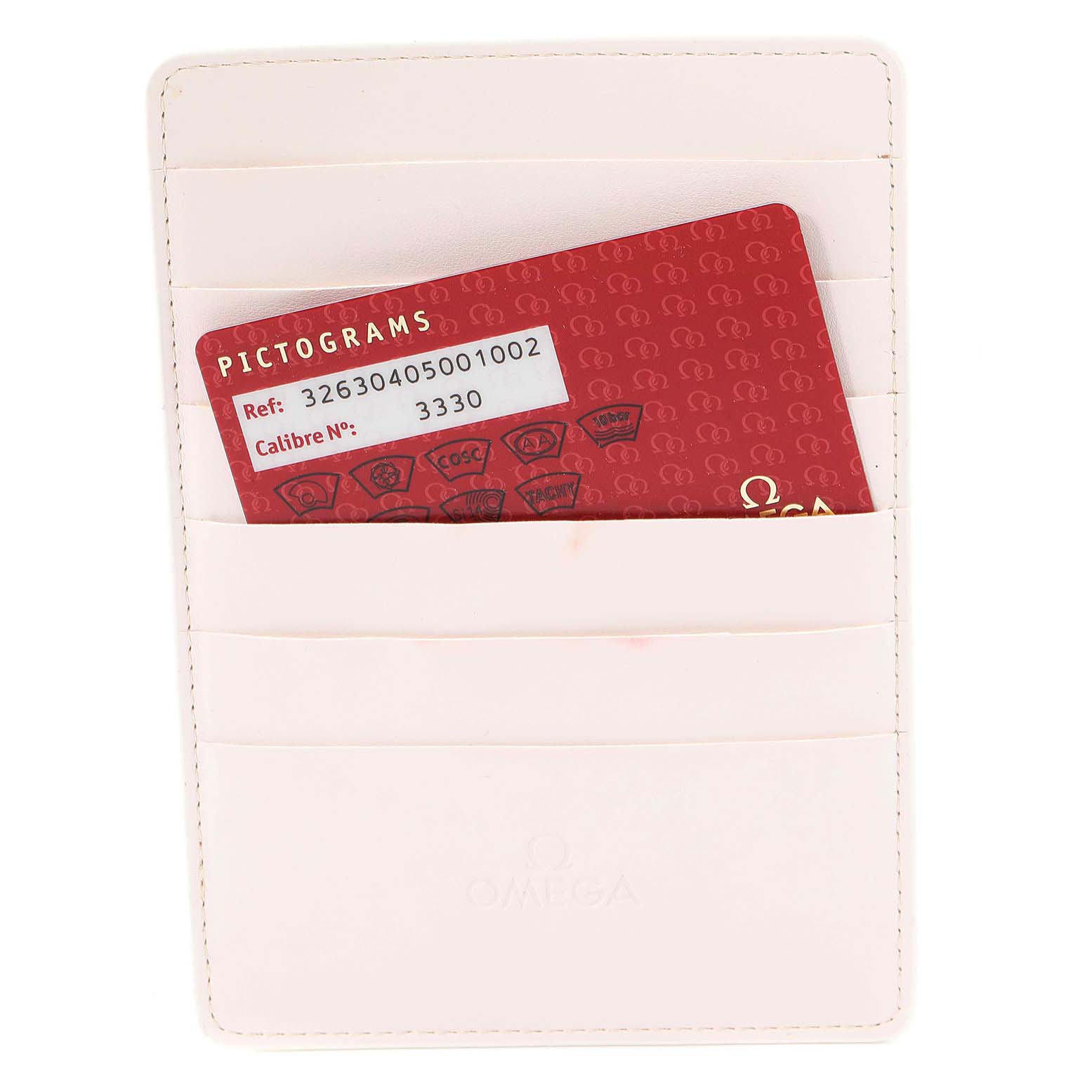 This image shows an Omega Speedmaster 326.30.40.50.01.002 Men
s Stainless Steel Black Dial 326.30.40.50.01.002 Men
s Stainless Steel Black Dial watch warranty card inside a white cardholder, viewed from above.