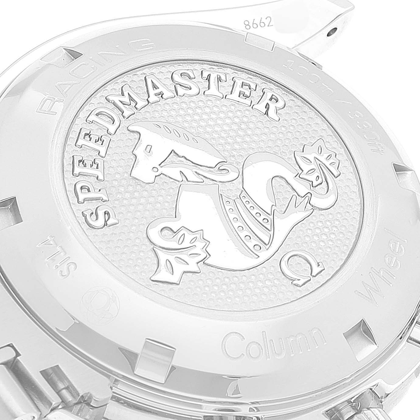 This image shows the back case of the Omega Speedmaster 326.30.40.50.01.002 Men
s Stainless Steel Black Dial 326.30.40.50.01.002 Men
s Stainless Steel Black Dial watch, featuring its engraved design and text.