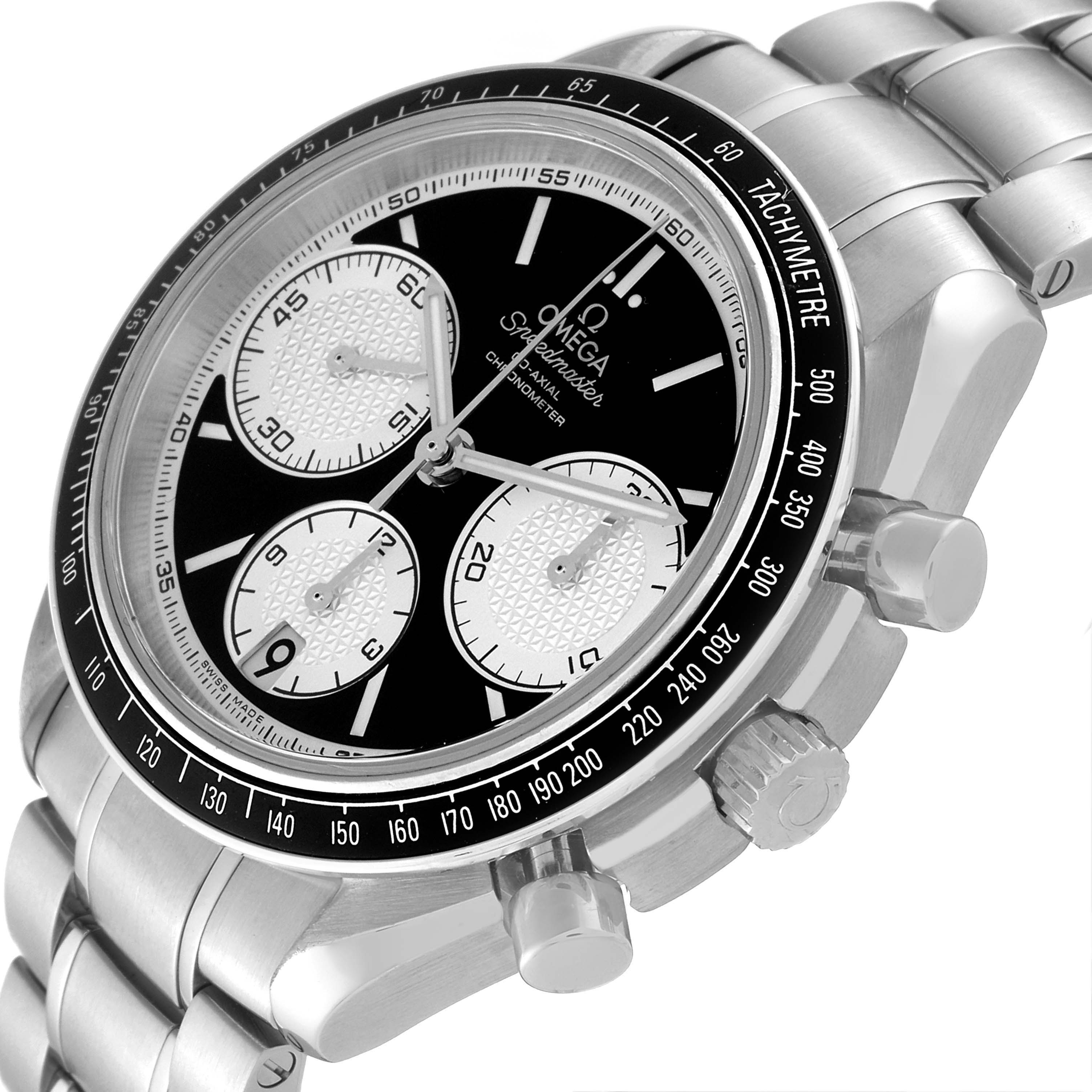 The image shows an angled view of the Omega Speedmaster 326.30.40.50.01.002 Men
s Stainless Steel Black Dial 326.30.40.50.01.002 Men
s Stainless Steel Black Dial watch featuring its face, bezel, and part of the metal bracelet.