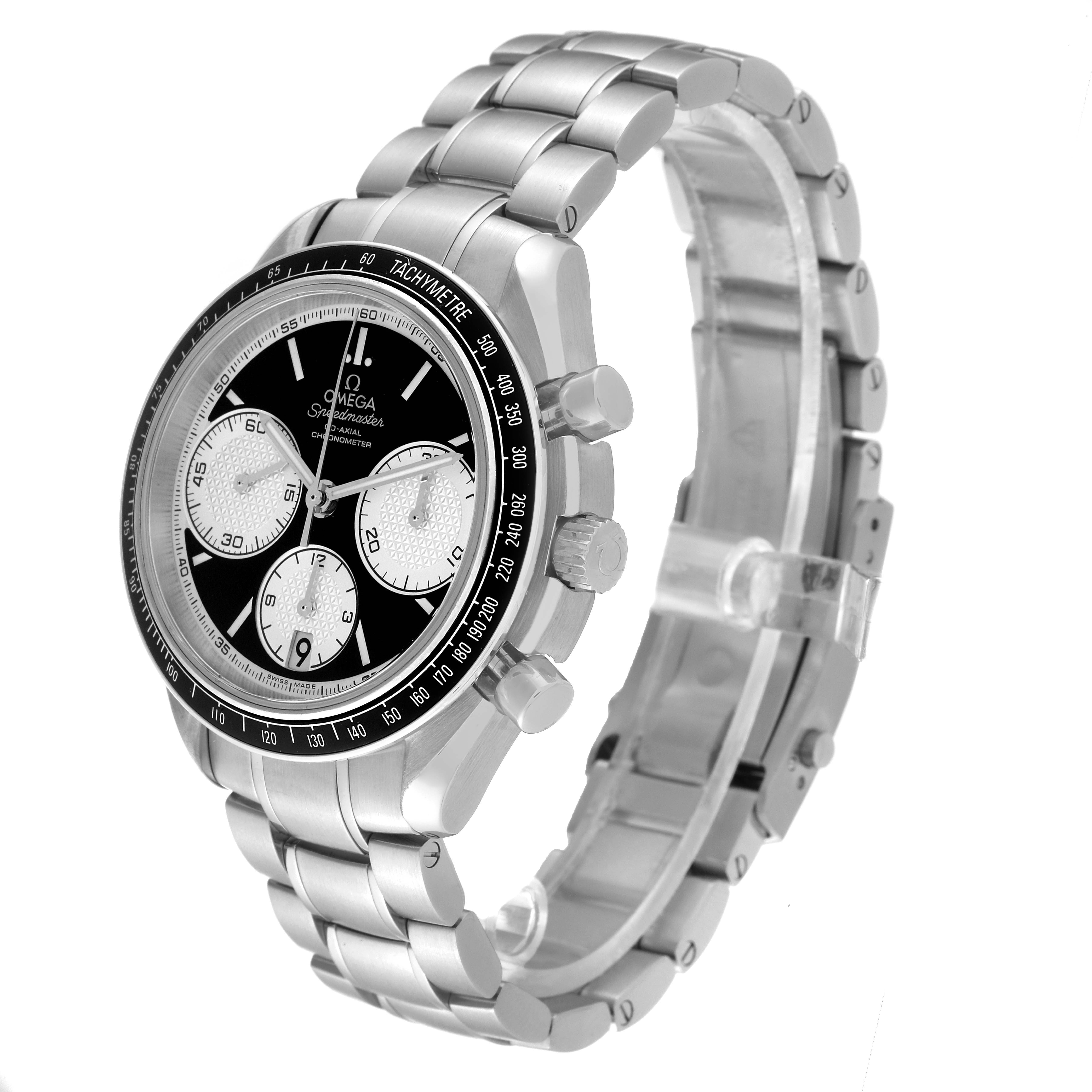 The Omega Speedmaster 326.30.40.50.01.002 Men
s Stainless Steel Black Dial 326.30.40.50.01.002 Men
s Stainless Steel Black Dial watch is shown from an angled side view, displaying its face, bezel, and bracelet.