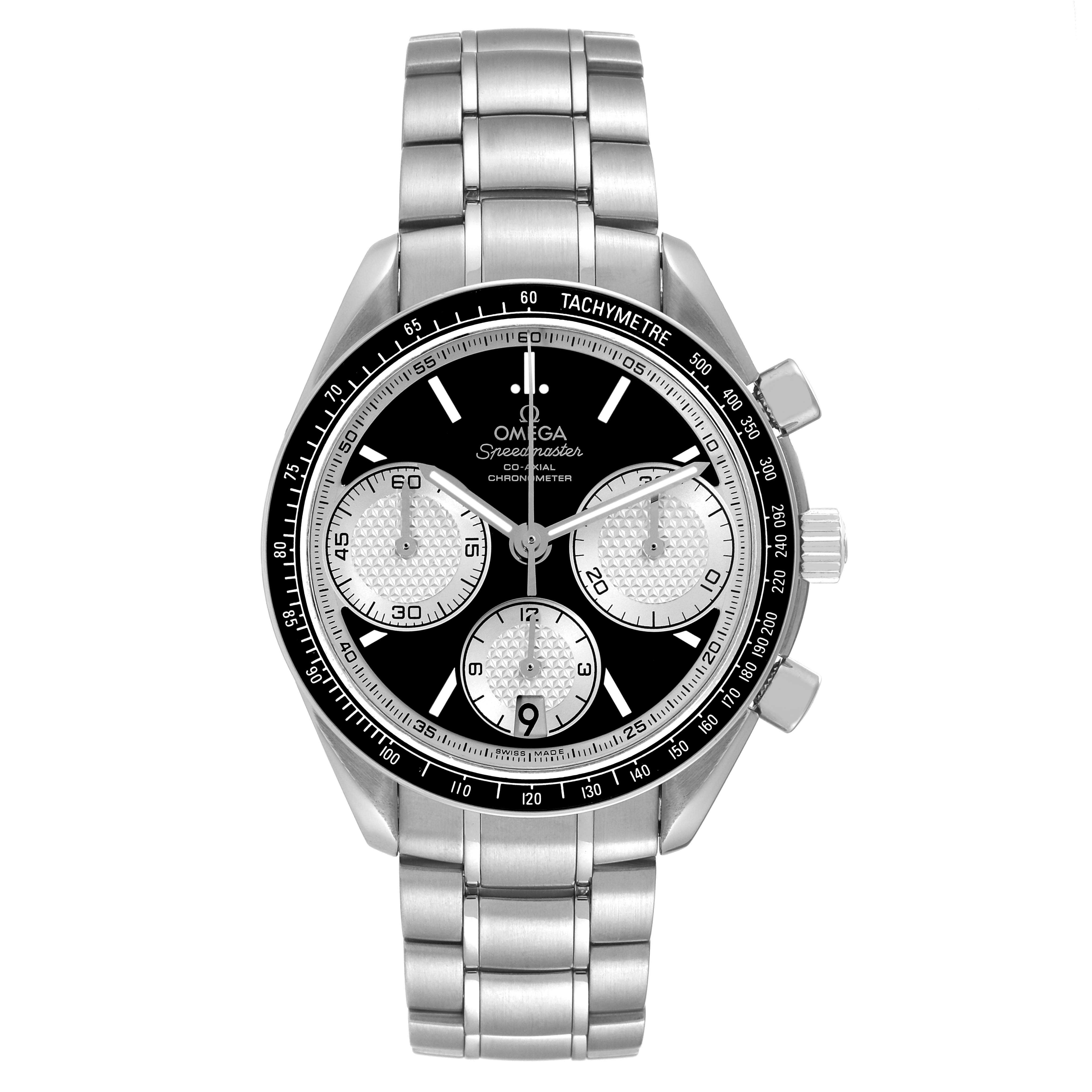 The image shows a front view of an Omega Speedmaster 326.30.40.50.01.002 Men
s Stainless Steel Black Dial 326.30.40.50.01.002 Men
s Stainless Steel Black Dial watch, highlighting the dial, bezel, and bracelet.