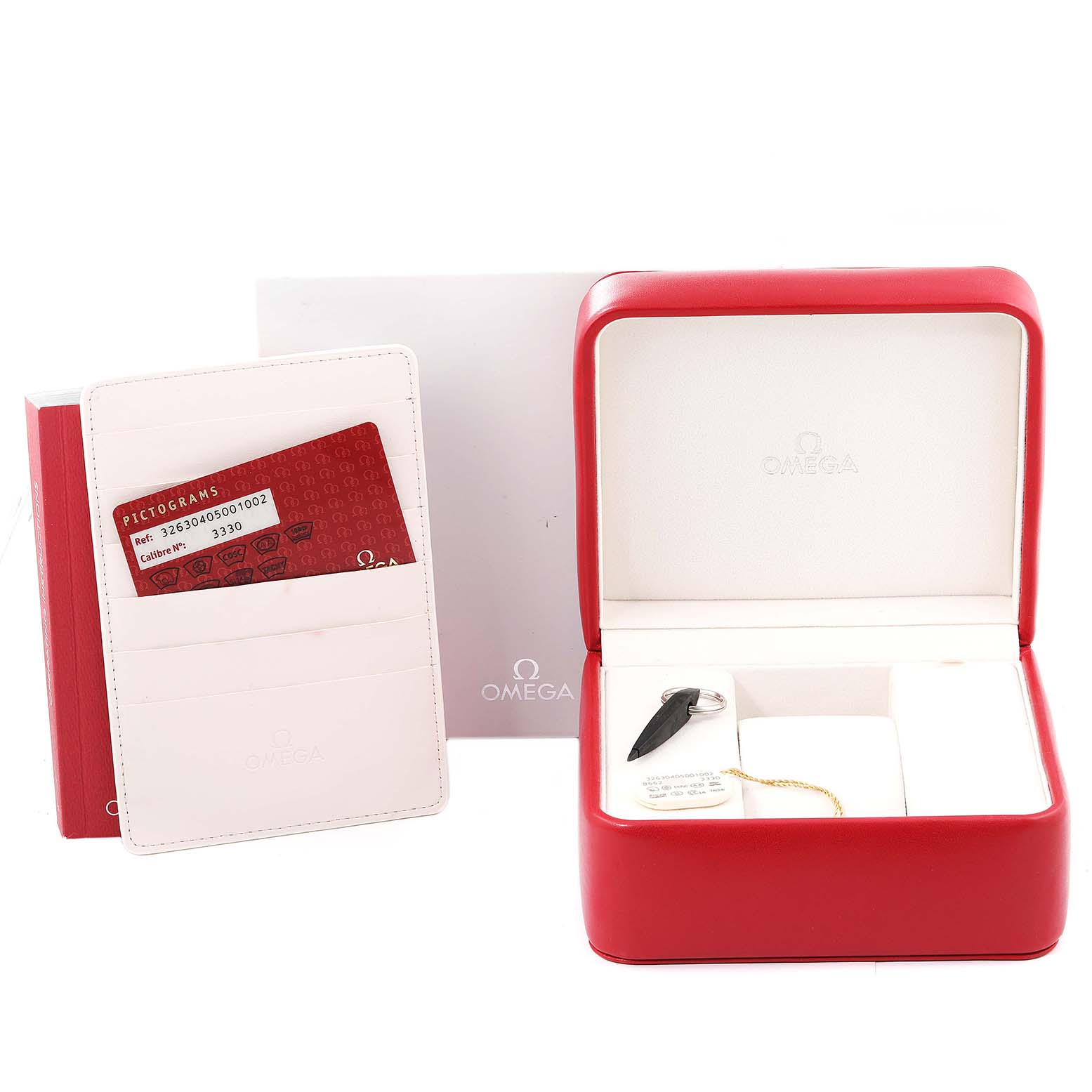 The image shows the packaging and accessories for an Omega Speedmaster 326.30.40.50.01.002 Men
s Stainless Steel Black Dial 326.30.40.50.01.002 Men
s Stainless Steel Black Dial watch, including a red box, warranty card, and manual.