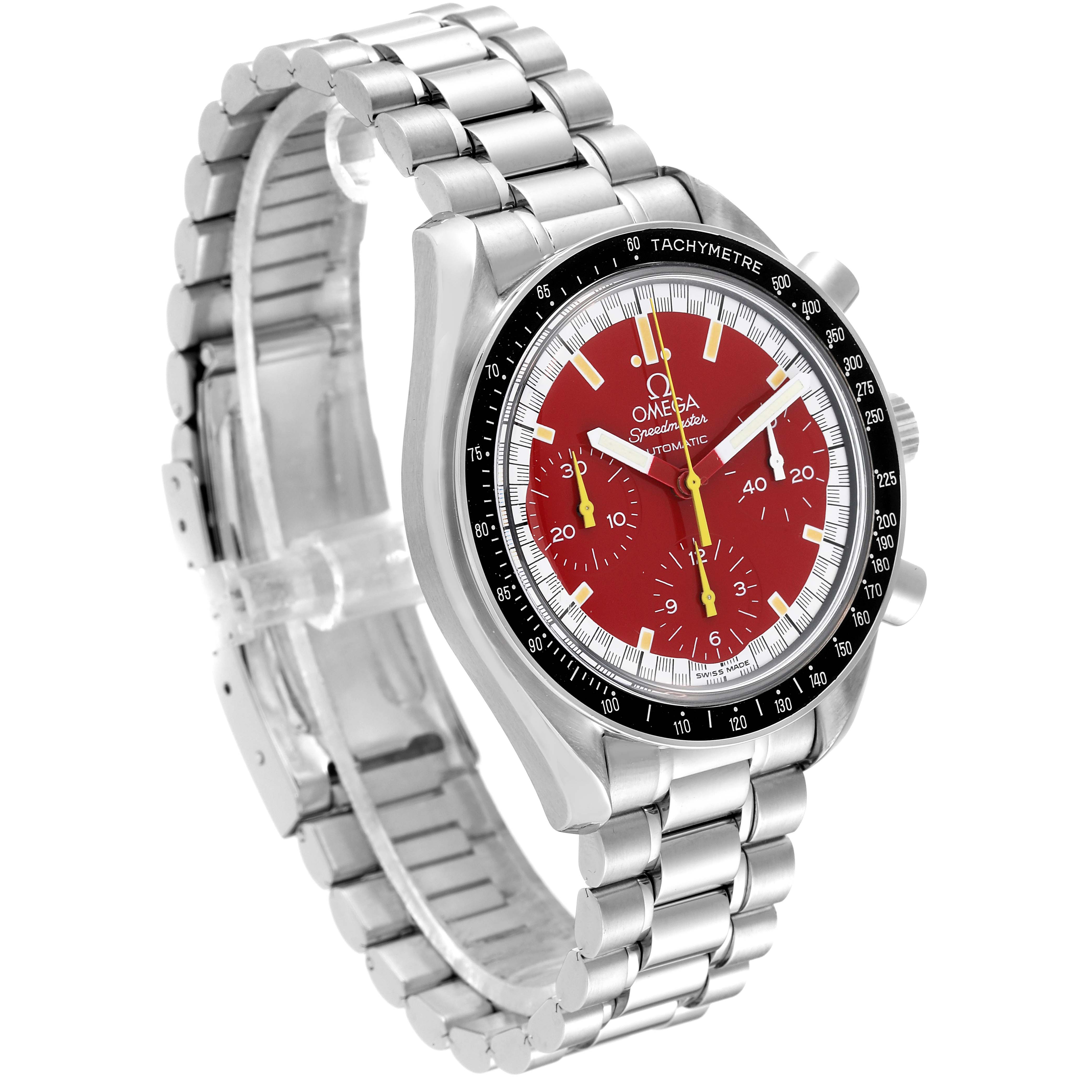 The image shows an Omega Speedmaster 3510.61.00 Men's Stainless Steel Red Dial 3510.61.00 Men's Stainless Steel Red Dial watch at a slight angle, highlighting its red dial, tachymeter bezel, and stainless steel bracelet.