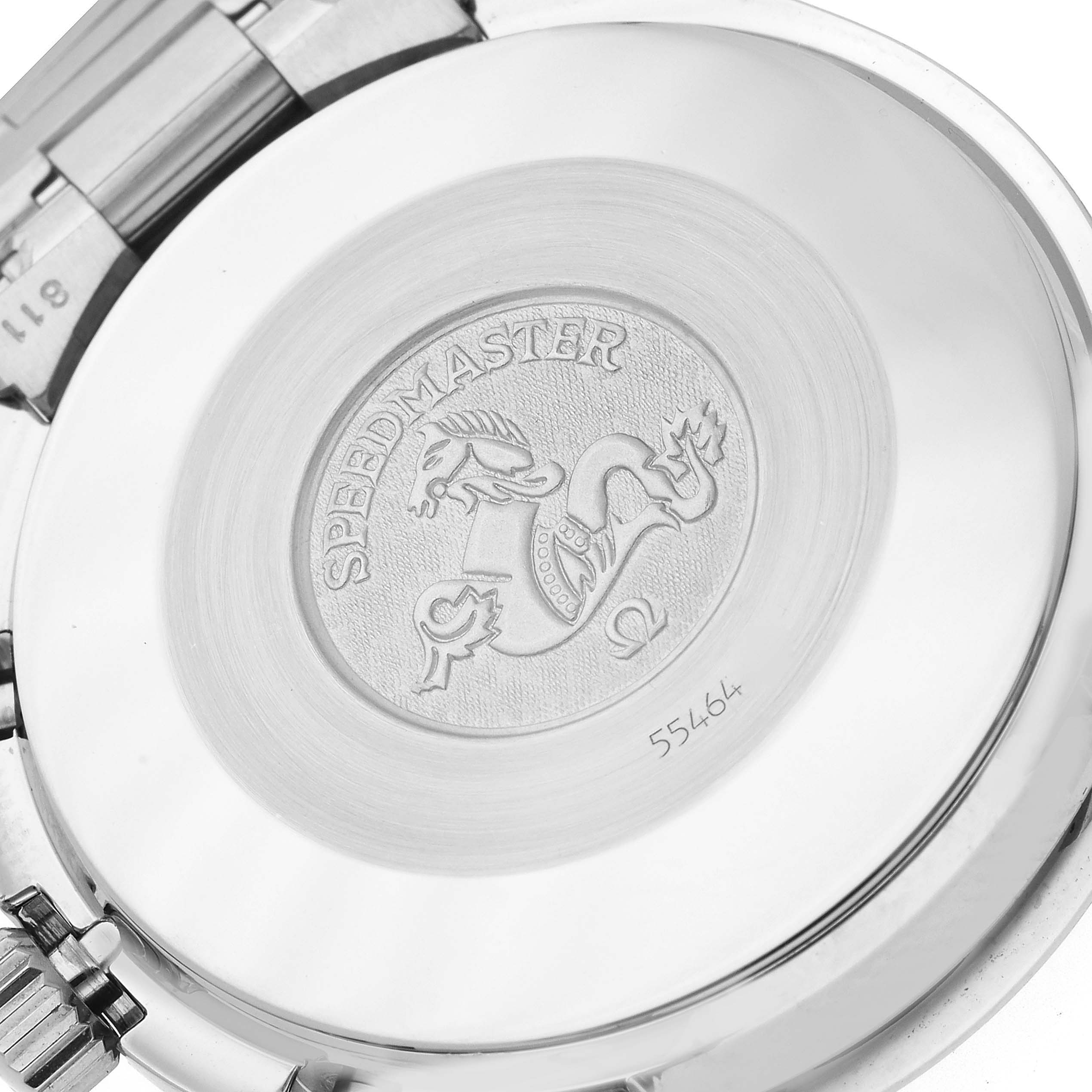 The image shows the case back of the Omega Speedmaster 3510.61.00 Men's Stainless Steel Red Dial 3510.61.00 Men's Stainless Steel Red Dial watch featuring the engraved logo and model name.