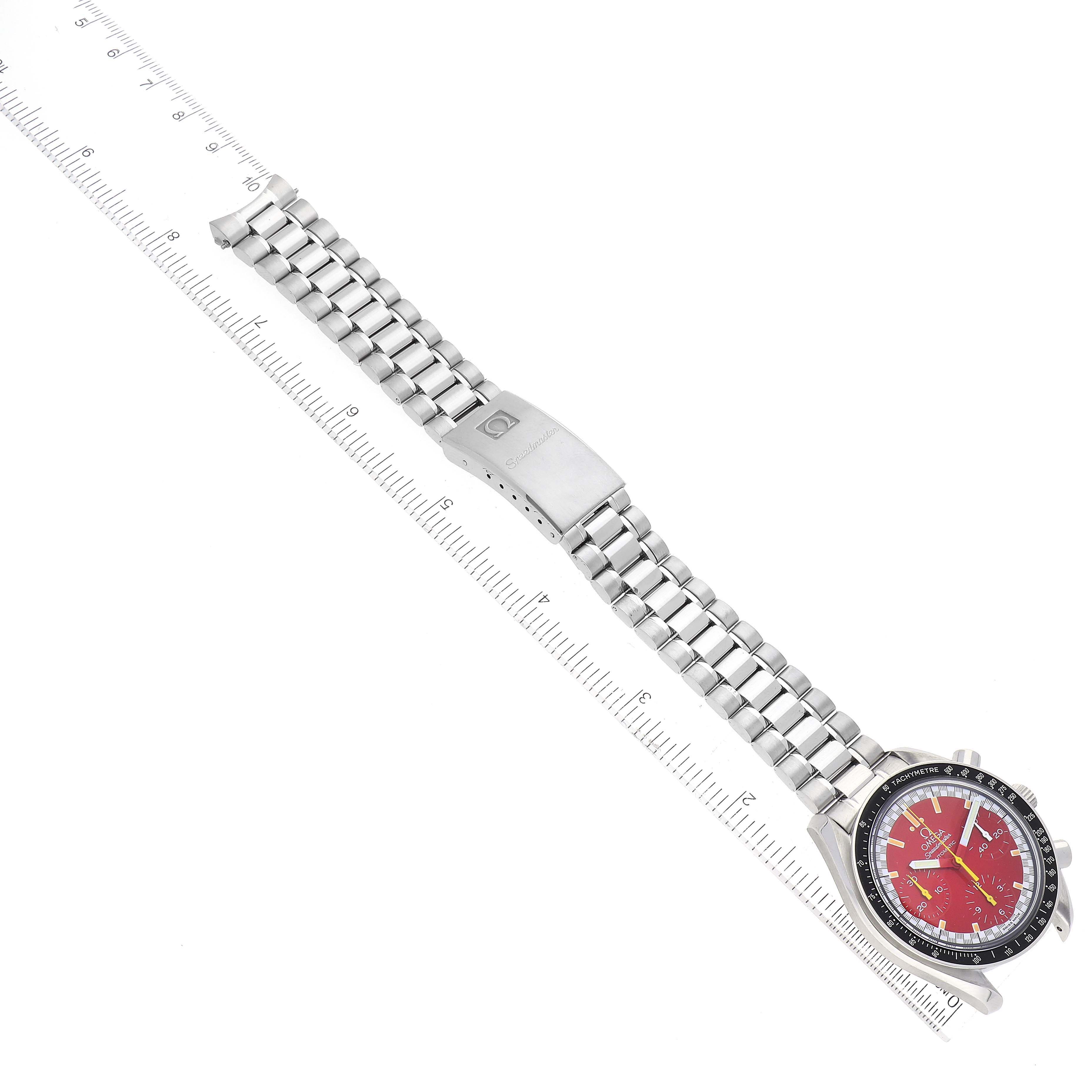 This top-down view of the Omega Speedmaster 3510.61.00 Men's Stainless Steel Red Dial 3510.61.00 Men's Stainless Steel Red Dial watch shows the full watch including its stainless steel bracelet and red dial.
