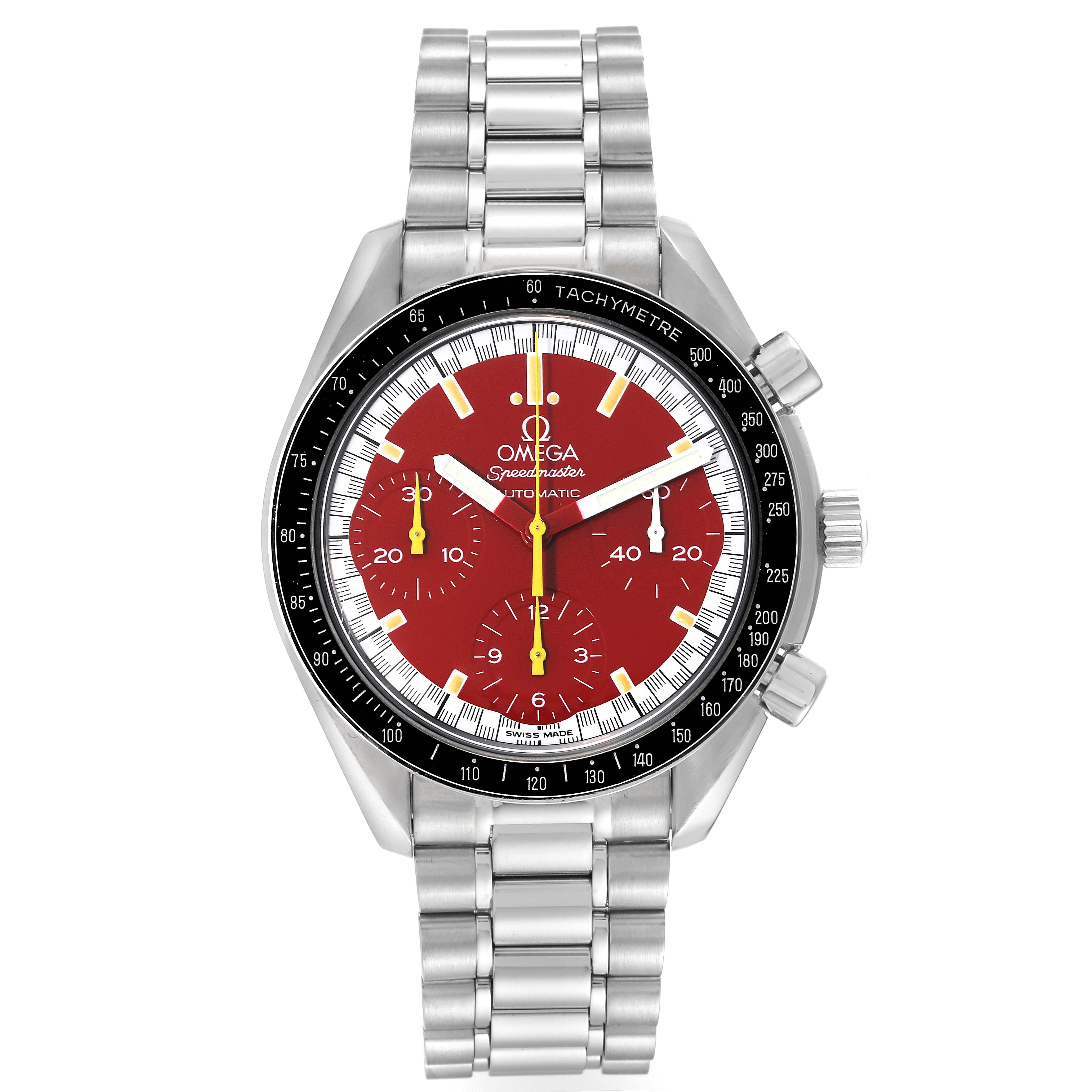 The image shows a front view of an Omega Speedmaster 3510.61.00 Men's Stainless Steel Red Dial 3510.61.00 Men's Stainless Steel Red Dial watch with a red dial, three subdials, and a stainless steel bracelet.
