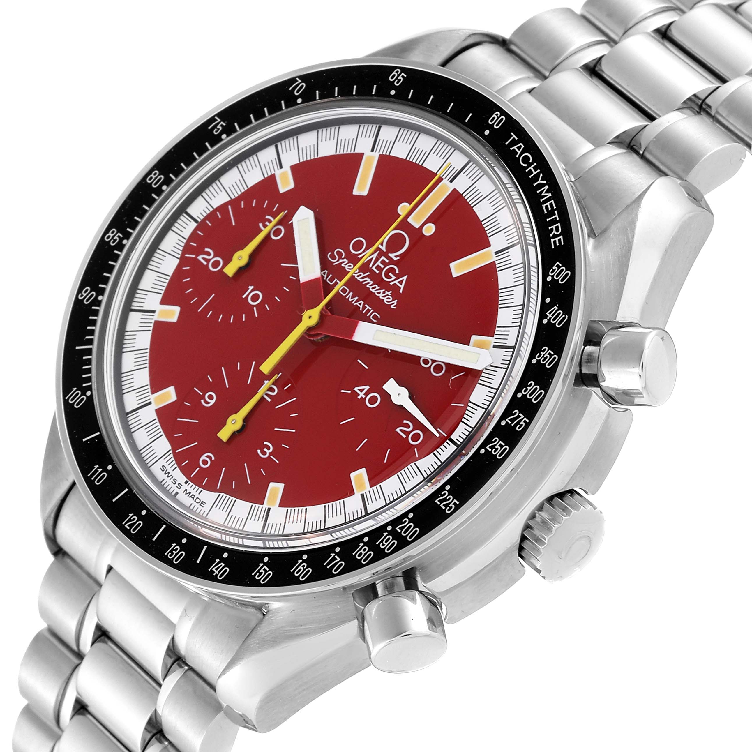 This image shows an Omega Speedmaster 3510.61.00 Men's Stainless Steel Red Dial 3510.61.00 Men's Stainless Steel Red Dial watch from a front-side angle, highlighting the red dial, tachymeter bezel, and metal bracelet.