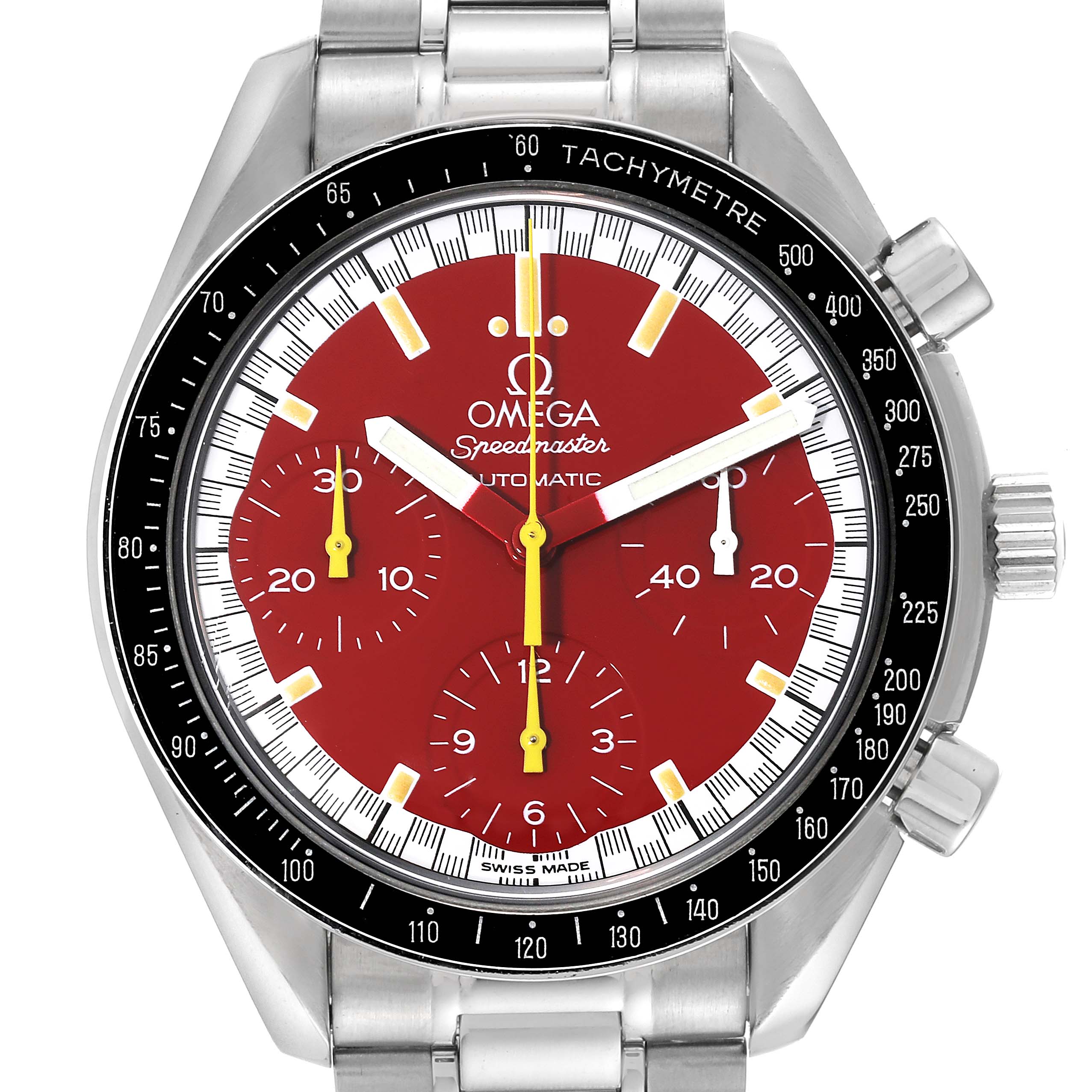 The image shows a frontal view of an Omega Speedmaster 3510.61.00 Men's Stainless Steel Red Dial 3510.61.00 Men's Stainless Steel Red Dial watch with a red dial and stopwatch functions.
