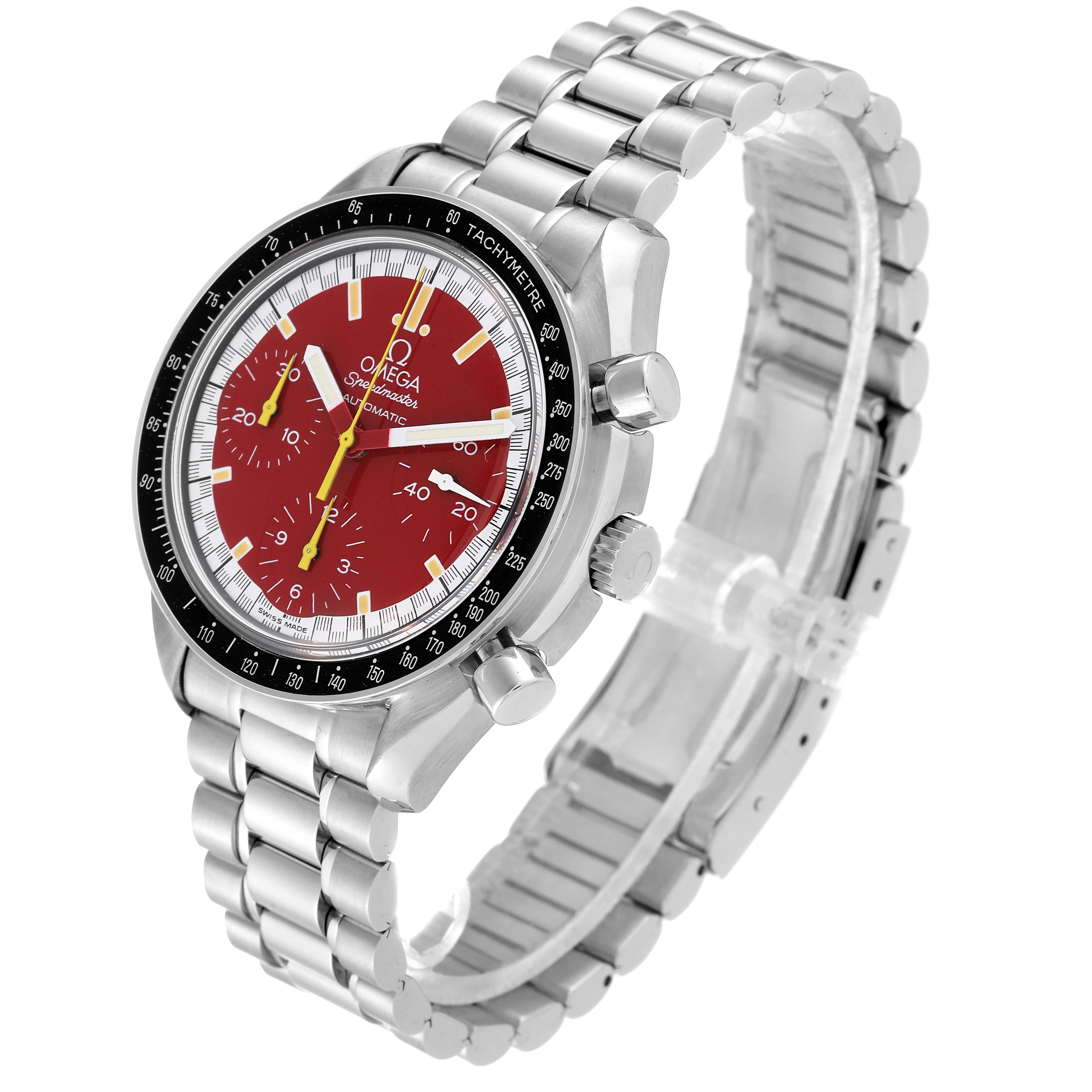 The Omega Speedmaster 3510.61.00 Men's Stainless Steel Red Dial 3510.61.00 Men's Stainless Steel Red Dial watch is shown at a slightly tilted angle, displaying its bracelet, bezel, crown, and chronograph buttons.
