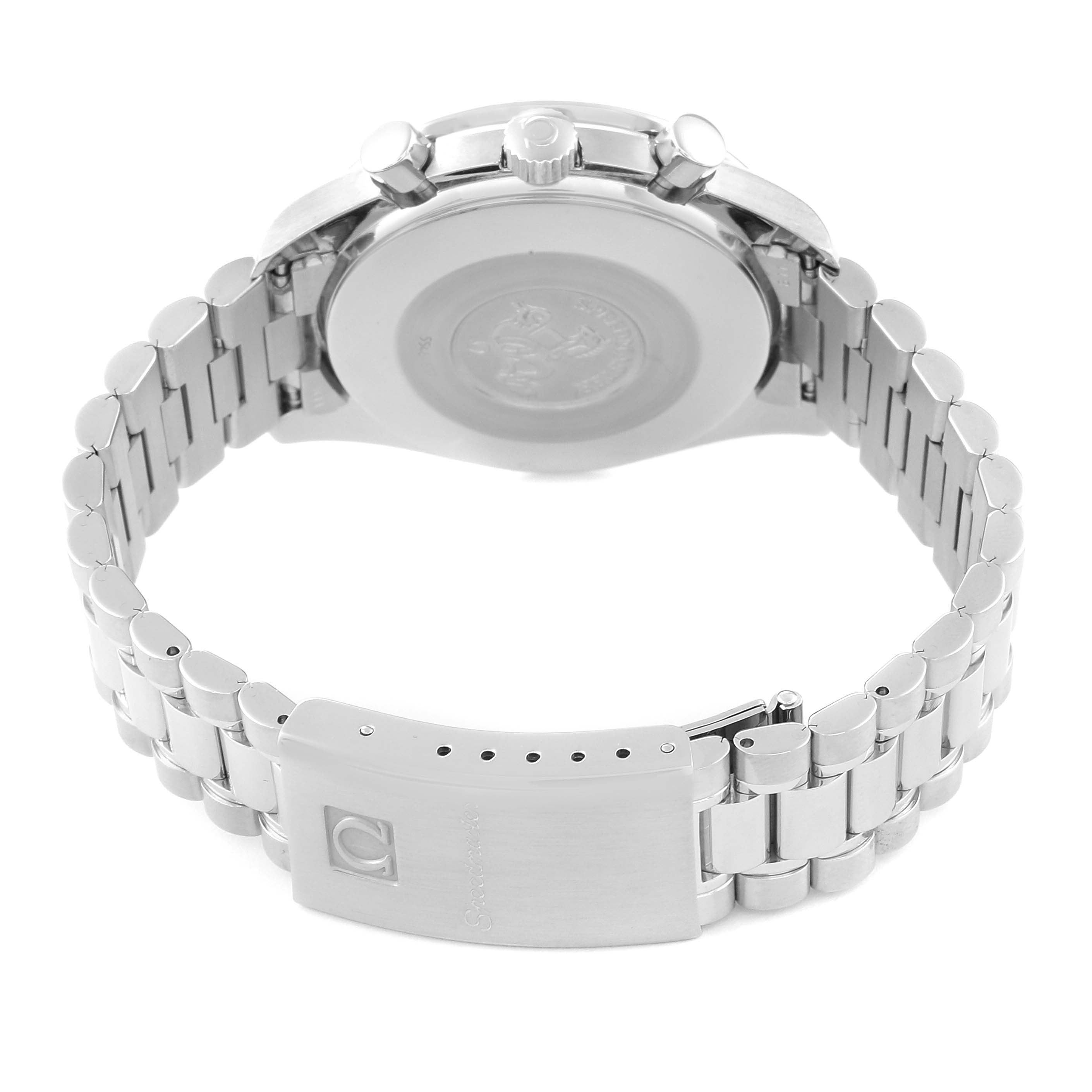 This image shows the back view and bracelet of an Omega Speedmaster 3510.61.00 Men's Stainless Steel Red Dial 3510.61.00 Men's Stainless Steel Red Dial watch, highlighting the case back, clasp, and links.
