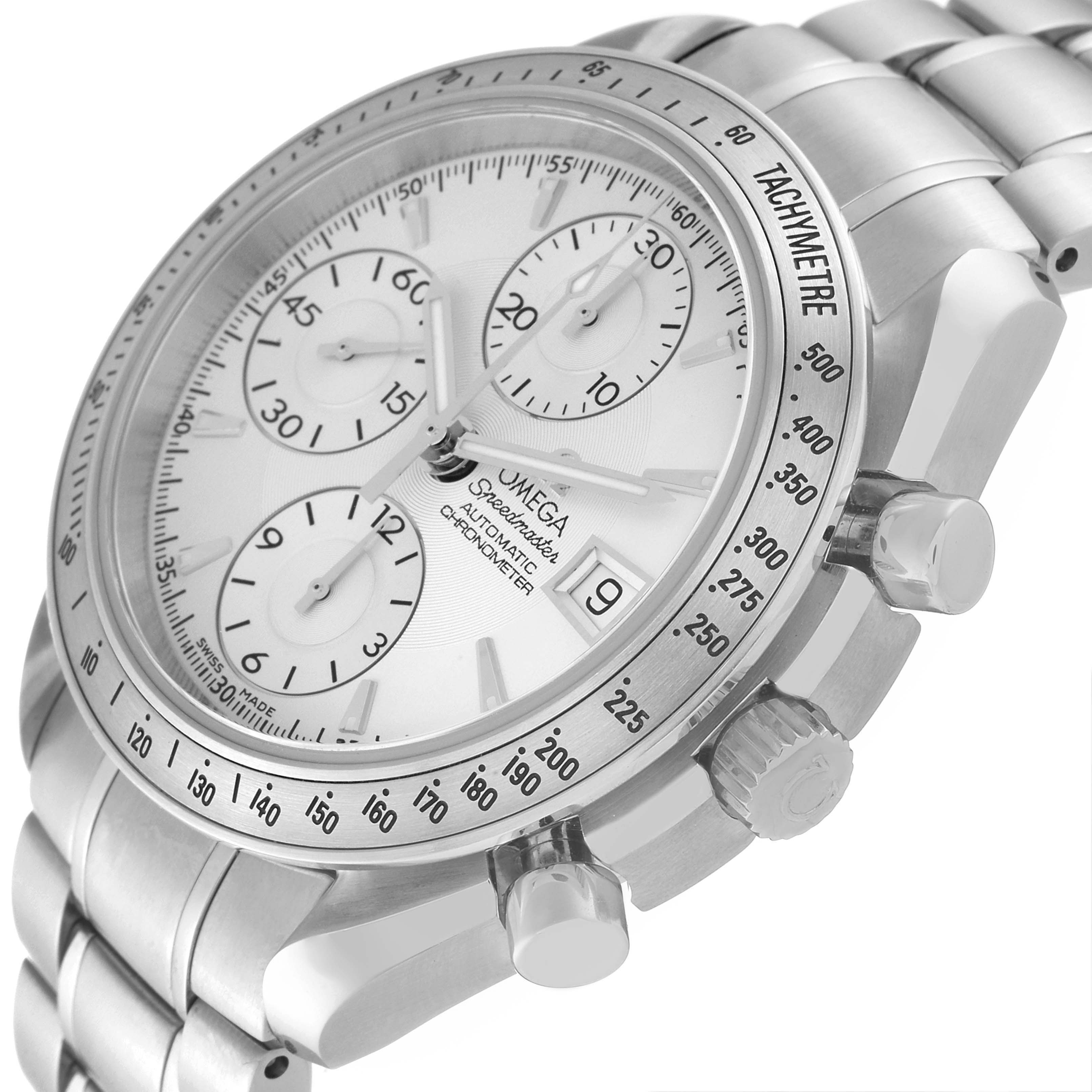 This image shows a close-up angle of an Omega Speedmaster 3211.30.00 Men
s Stainless Steel Silver Dial 3211.30.00 Men
s Stainless Steel Silver Dial watch displaying the dial, tachymeter bezel, and push buttons.
