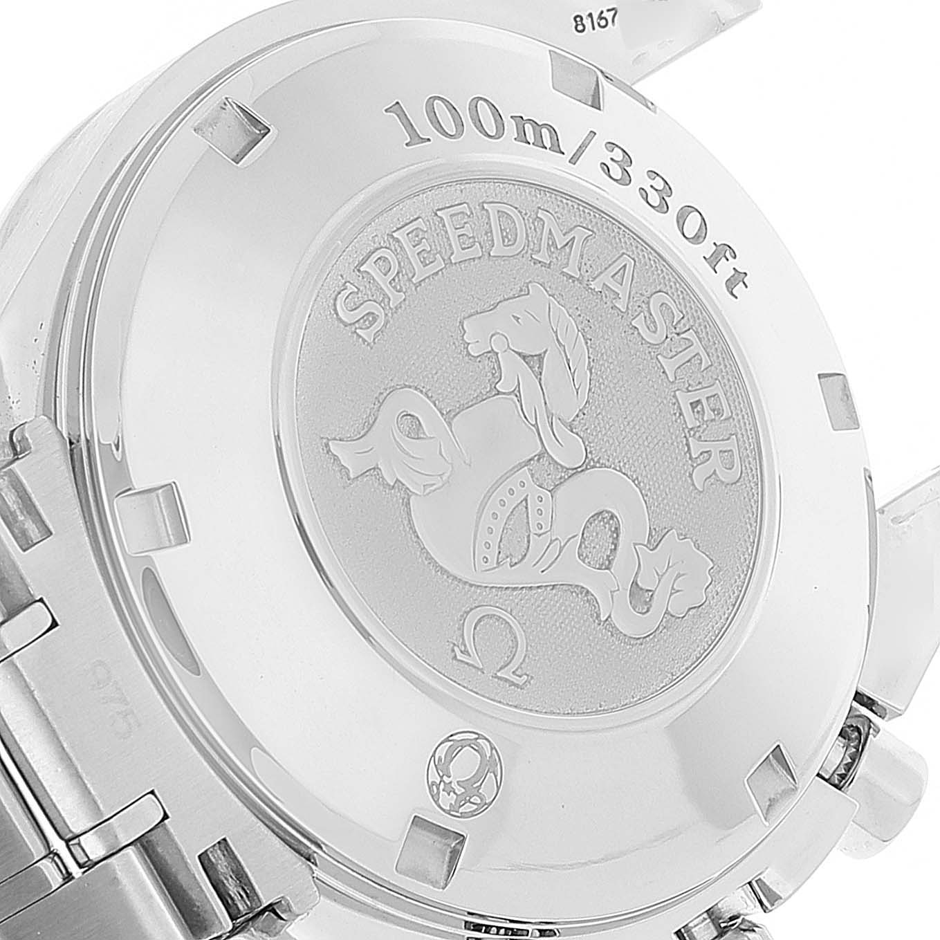 The image shows the back of an Omega Speedmaster 3211.30.00 Men
s Stainless Steel Silver Dial 3211.30.00 Men
s Stainless Steel Silver Dial watch, highlighting the engraved logo and water resistance details.